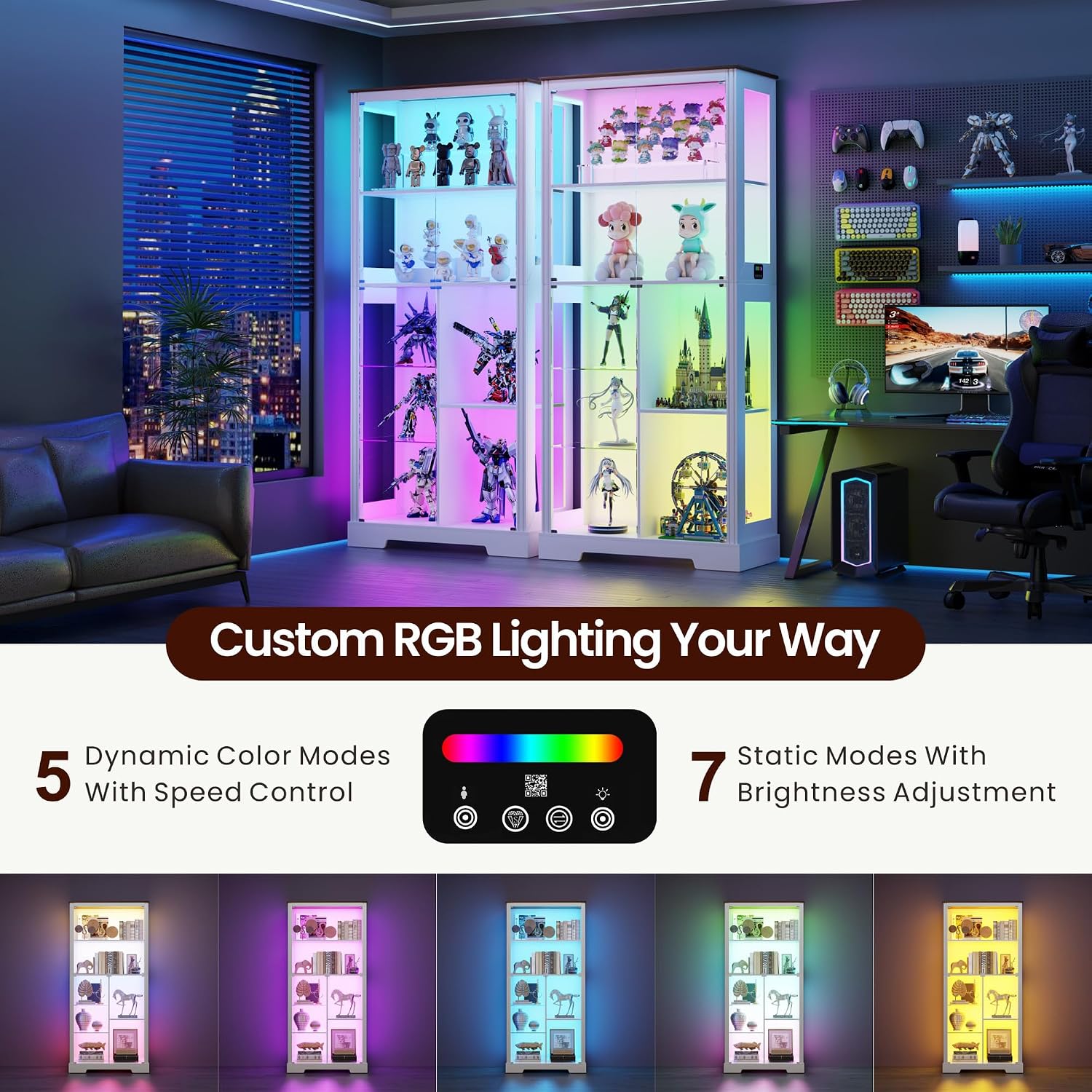 71' Glass Display Cabinet with RGB Light - Curio Cabinet with Glass Doors for Collectibles, 7-Tiers Tall Display Case with Large Shelves, Showcase for Lego, Figures, Human Sensor Design (White)