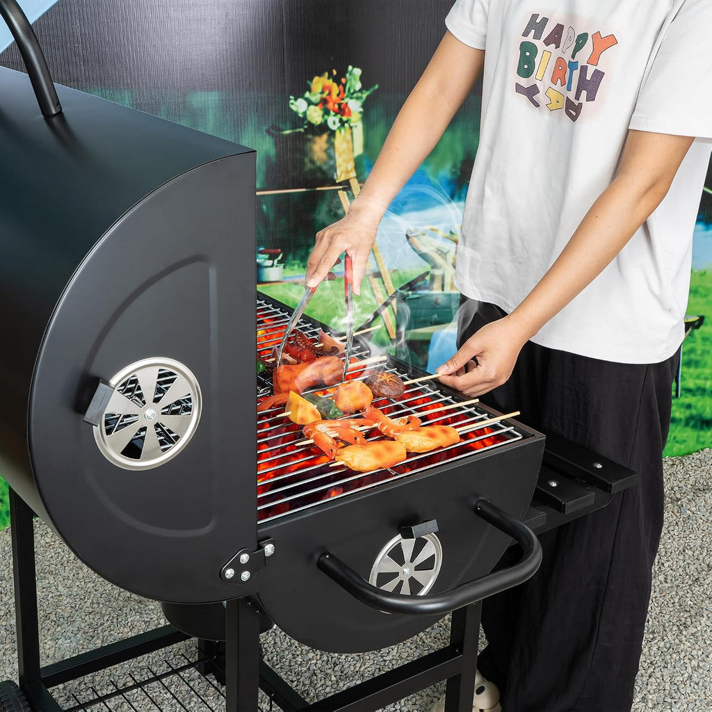 Charcoal Grill with Lid, 27' Outdoor BBQ Grill with Thermometer, Side Shelves, Wheels & Ash Catcher, Large Barrel Charcoal Smoker for Backyard, Camping & Outdoor Cooking