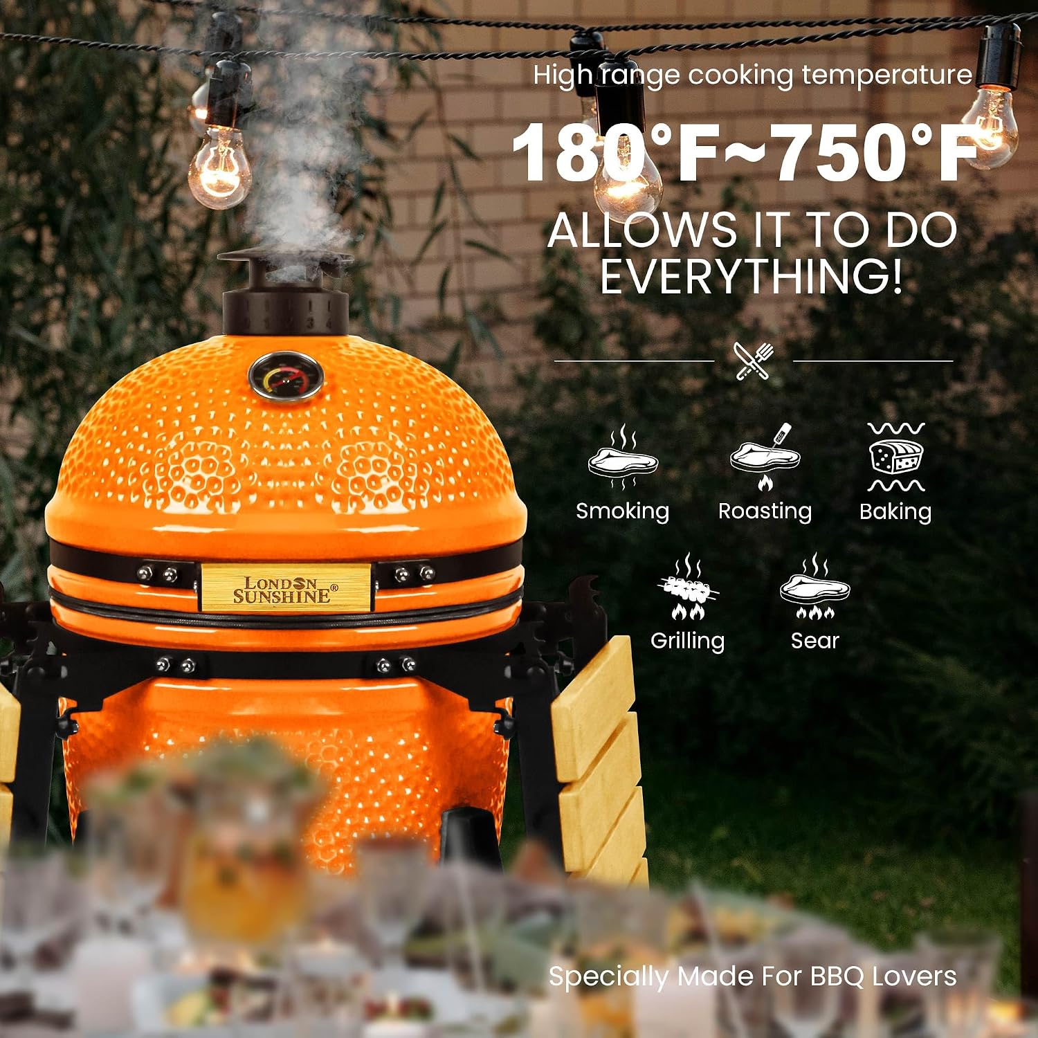 London Sunshine 15-inch Ceramic Kamado Charcoal BBQ Grill & Smoker with Locking Casters, Foldable Side Shelves, Stainless Steel Grates, and Tall Stand (Orange)