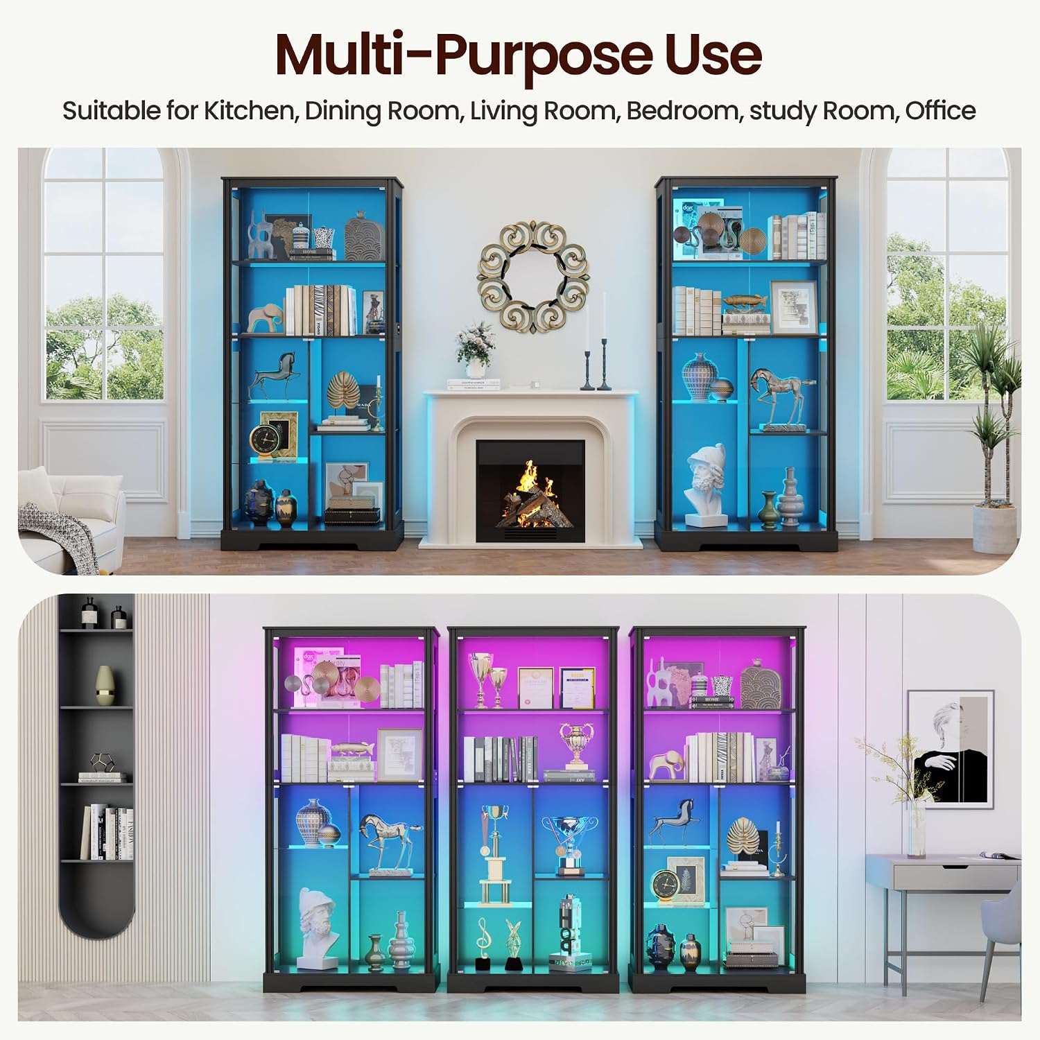 71' Glass Display Cabinet with RGB Light - Curio Cabinet with Glass Doors for Collectibles, 7-Tiers Tall Display Case with Large Shelves, Showcase for Lego, Figures, Human Sensor Design (Black)