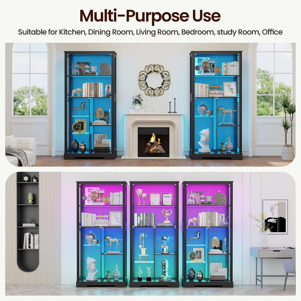71' Glass Display Cabinet with RGB Light - Curio Cabinet with Glass Doors for Collectibles, 7-Tiers Tall Display Case with Human Sensor, Showcase with Removable Shelves for Figures, Lego (Black)