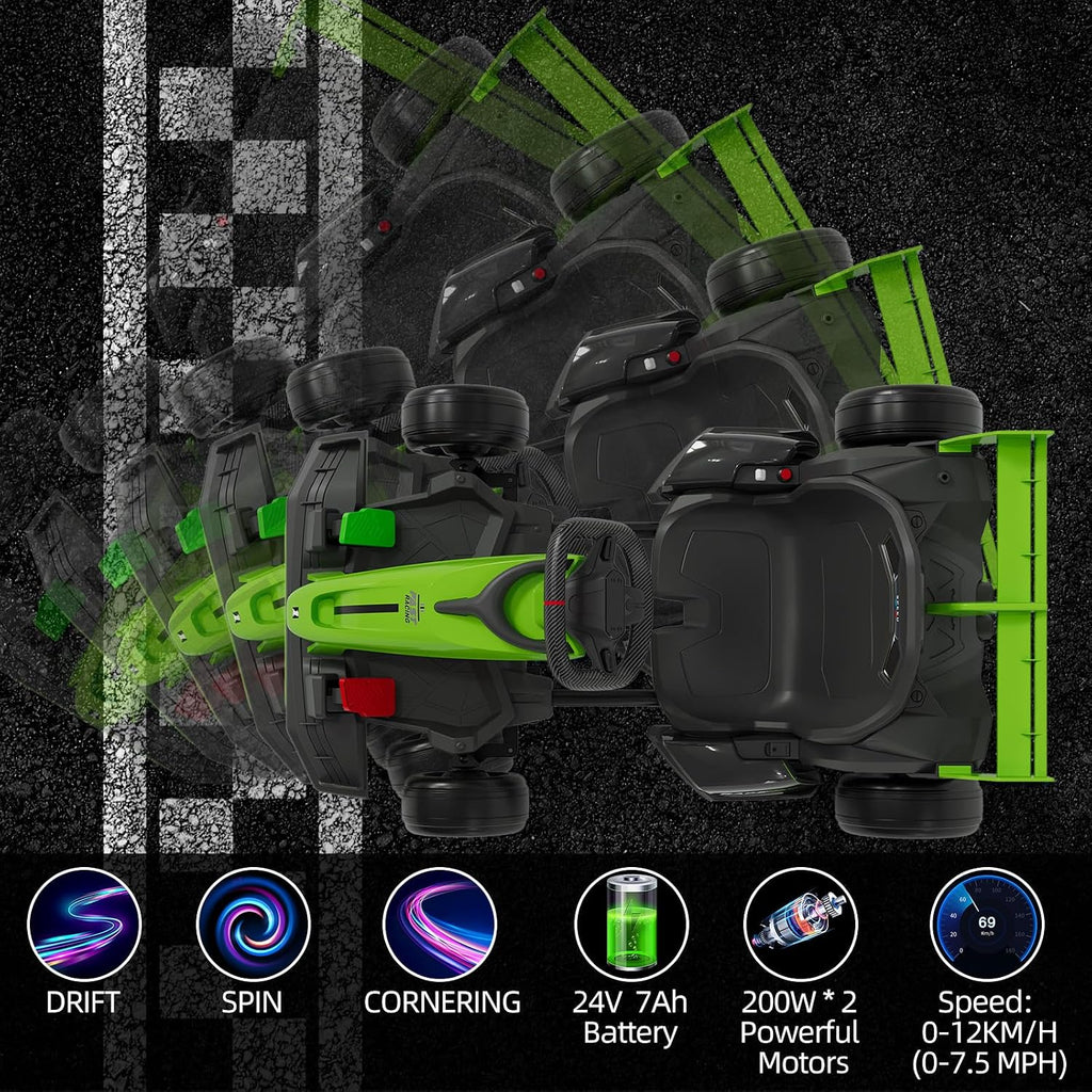 GarveeLife 24V Kids Ride on Go Kart, 7.5 mph Variable High Speed Drifting Car, 7ah Battery 200W*2 Motors,Ajustable Legroom for Kids Grows, Max Load 135 LBS, Power Display Racing Toy for 6+,Green