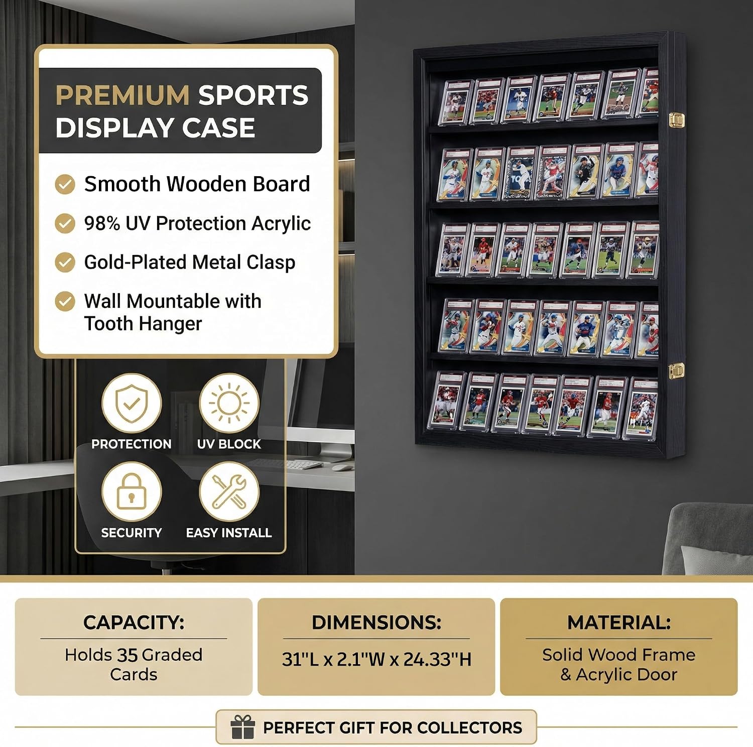 35 Baseball Card Display Case - Graded Sports Card Frame with 98% UV Protection, Lockable Wall Mount for PSA BGS Trading Cards, Football Basketball Hockey Collector Holder (3 Packs)