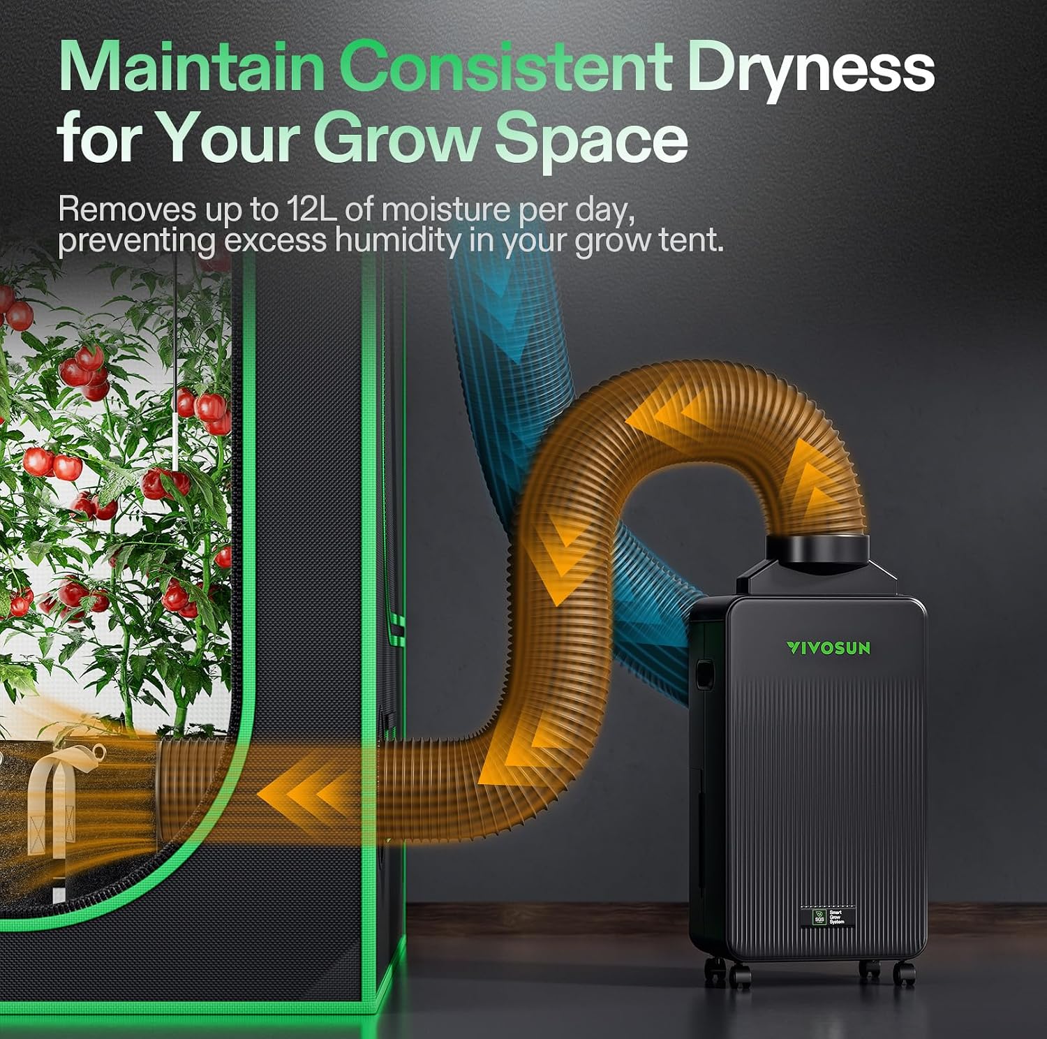 VIVOSUN AeroDrain D12 Smart Environmental Dehumidifier, up to 12L/day, 2L Water Tank, with Temperature & Humidity Sensor Probe, Smart Remote Control, Designed for Grow Tents