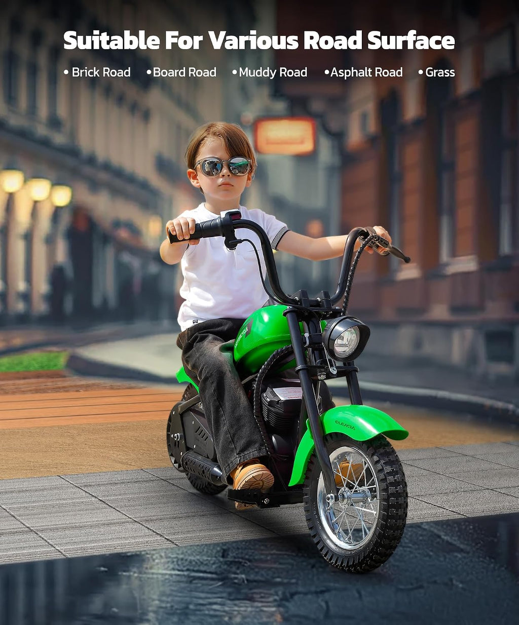 ELEMARA Electric Dirt Bike, 15 mph & 150lb Max, 24V Ride on Toy for Big Kids w/LED Lights & Power Display,Chain-Driven Motor,Twist-Grip Throttle, Shock Springs,Handbrake,12' Air-Filled Tires-Green