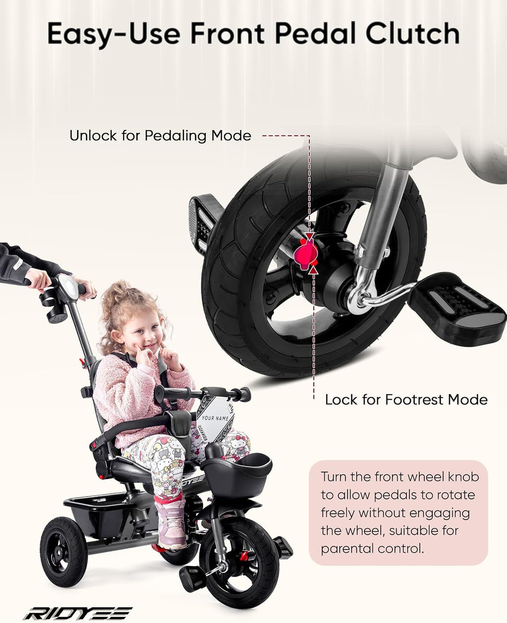 RIDYEE 7-in-1 Tricycle for 18 Months to 5 Years, All-Terrain Rubber Tires, Dual Wheel Brakes, Rotatable Seat for Toddlers 1.5-3, Tricycle for 3-5 Years with DIY Stickers, Grey