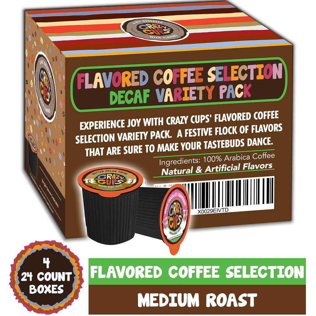 Crazy Cups Flavored Decaf Coffee Variety Pack, Hot or Iced for Keurig K-Cup Machines, 96 Count Recyclable Pods (Pack of 4)