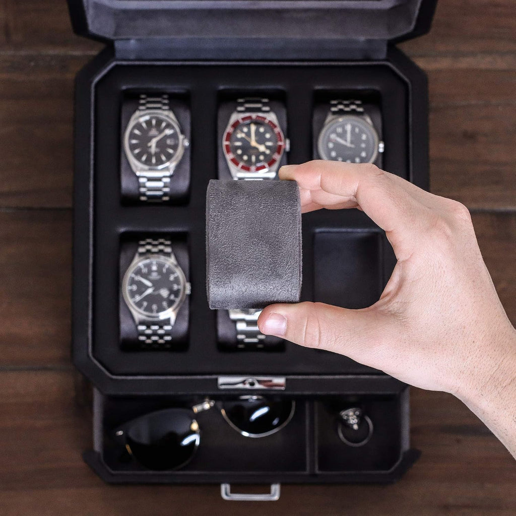 ROTHWELL Gift Set 6 Slot Leather Watch Box and 2 Watch Travel Case - Luxury Case Organizer, Microsuede Liner, Locking Mens Jewelry Watches Holder, Storage Boxes Glass Top (Black/Grey Gift Set)