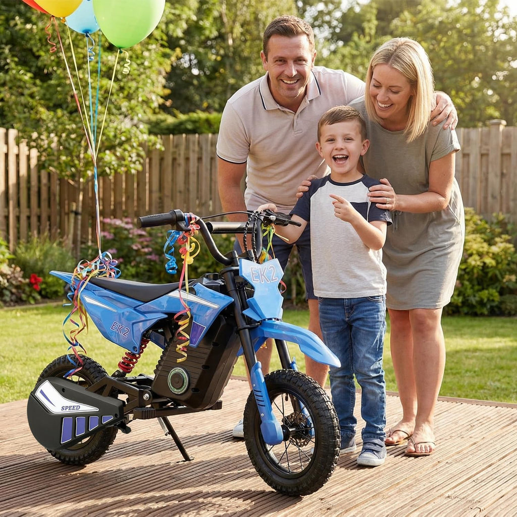 EK2 Kids Electric Dirt Bike, 350W Motor, 15 MPH Max Speed, 36V 5.2Ah Lithium Battery 12 Miles Max Range, Electric Motorcycle for Kids Aged 5-10, Blue