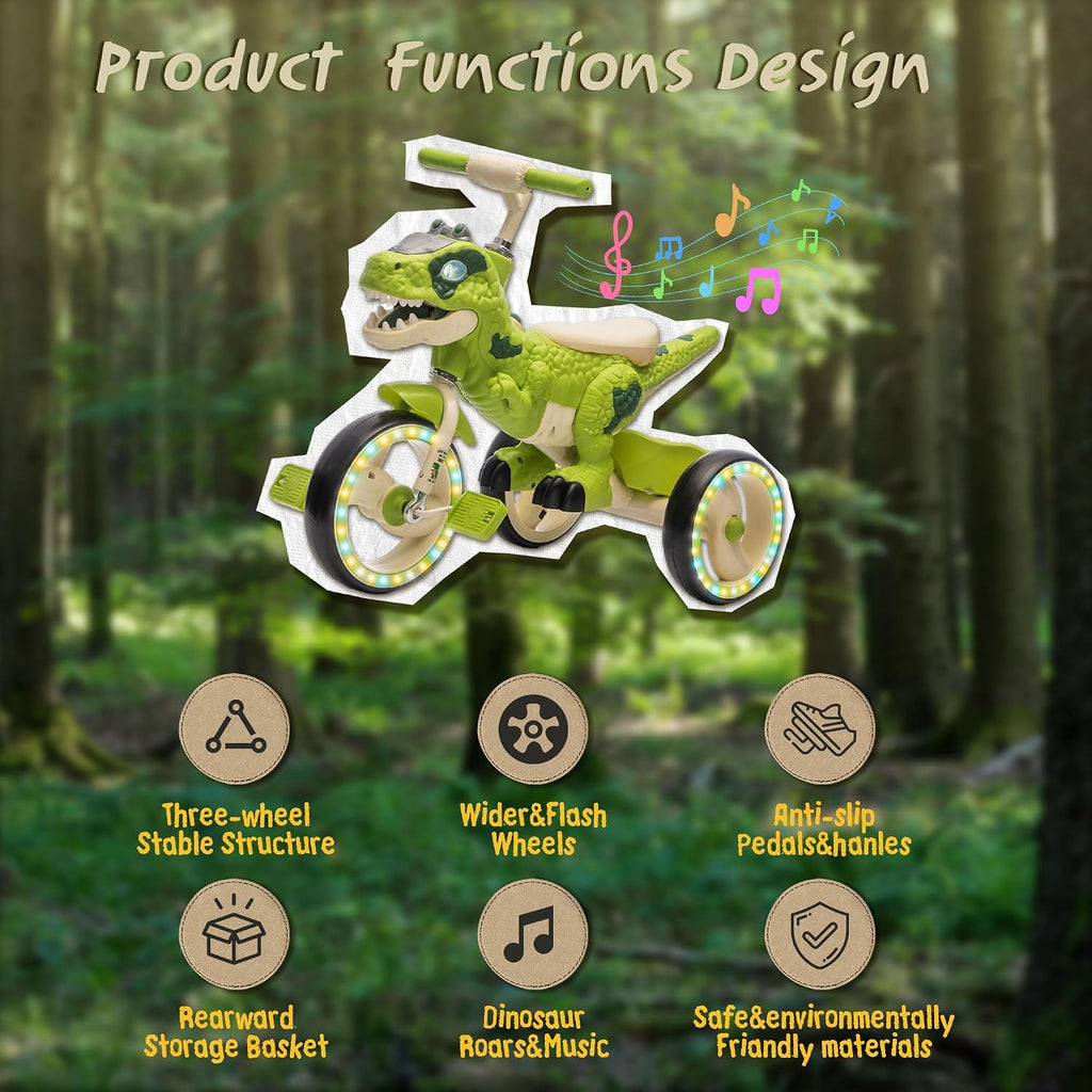 Dinosaur Kids Tricycle for Rider, Toddlers Kid Trike Bike Big Wheel with EVA Wide Flash Wheels, Anti-Slip Pedals, Storage Basket, Music & LED Lights, Kids Bike for 3-6 Year Old Girls & Boys (Green)