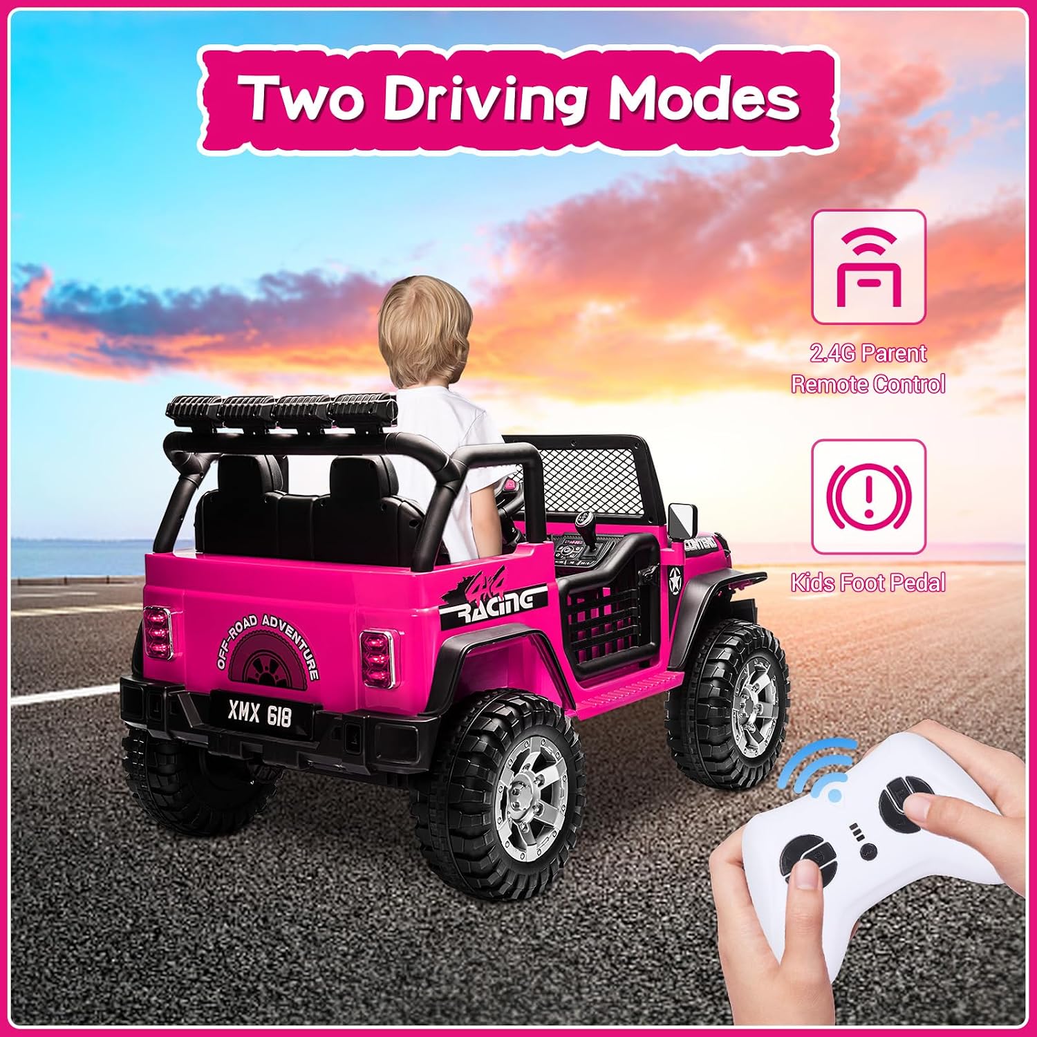 SEHOMY 2 Seater Electric Car for Kids, 12V Ride on Toys Power Wheels with Remote - 3 Speeds, Spring Suspension, 110LB Max, LED Lights, Music, Kids Electric Vehicles Toddler Truck for Boys Girls Pink
