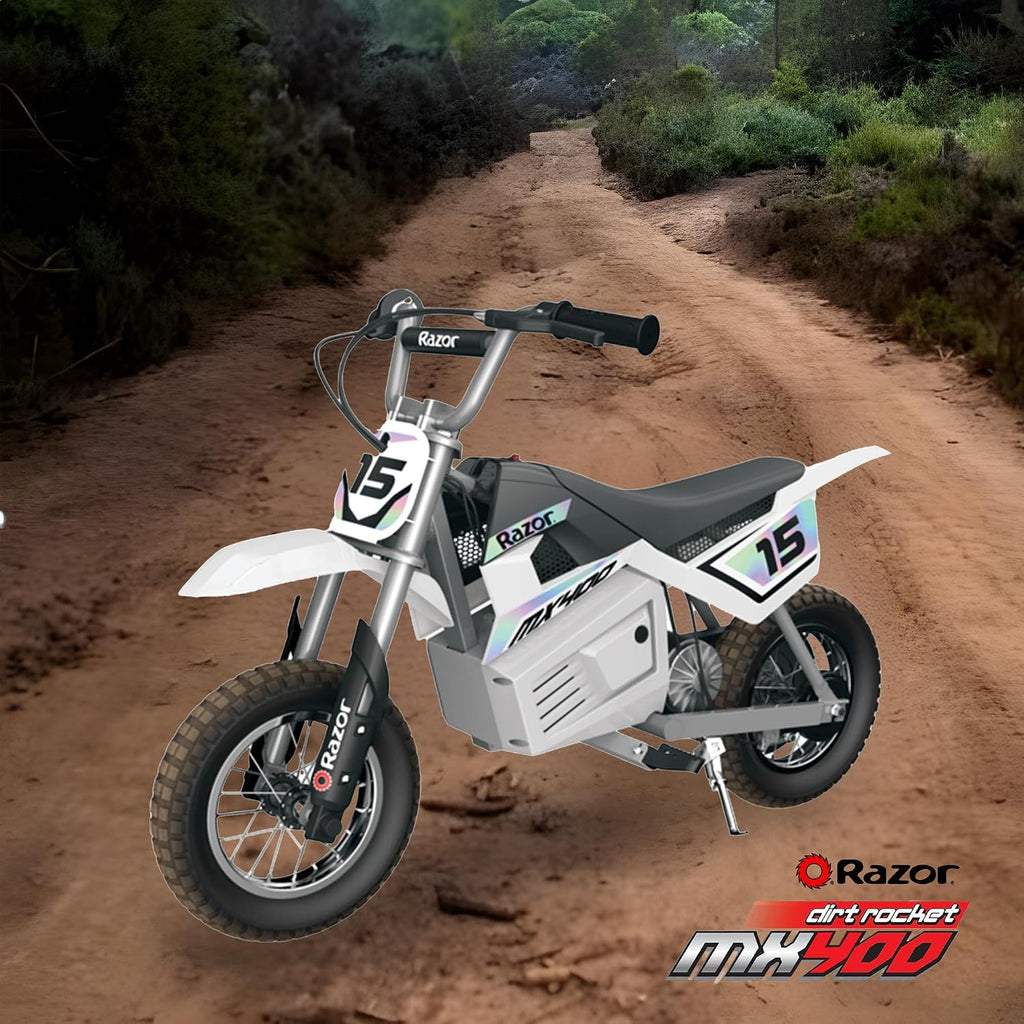 Razor MX400 Dirt Rocket Electric Bike for Kids Ages 8+, 140 lb Max Weight, White – 24V Battery, Up to 14 Mph, 30-Min Ride Time on High Speed, Twist-Grip Throttle, Spoked Wheels w/ 12' Pneumatic Tires
