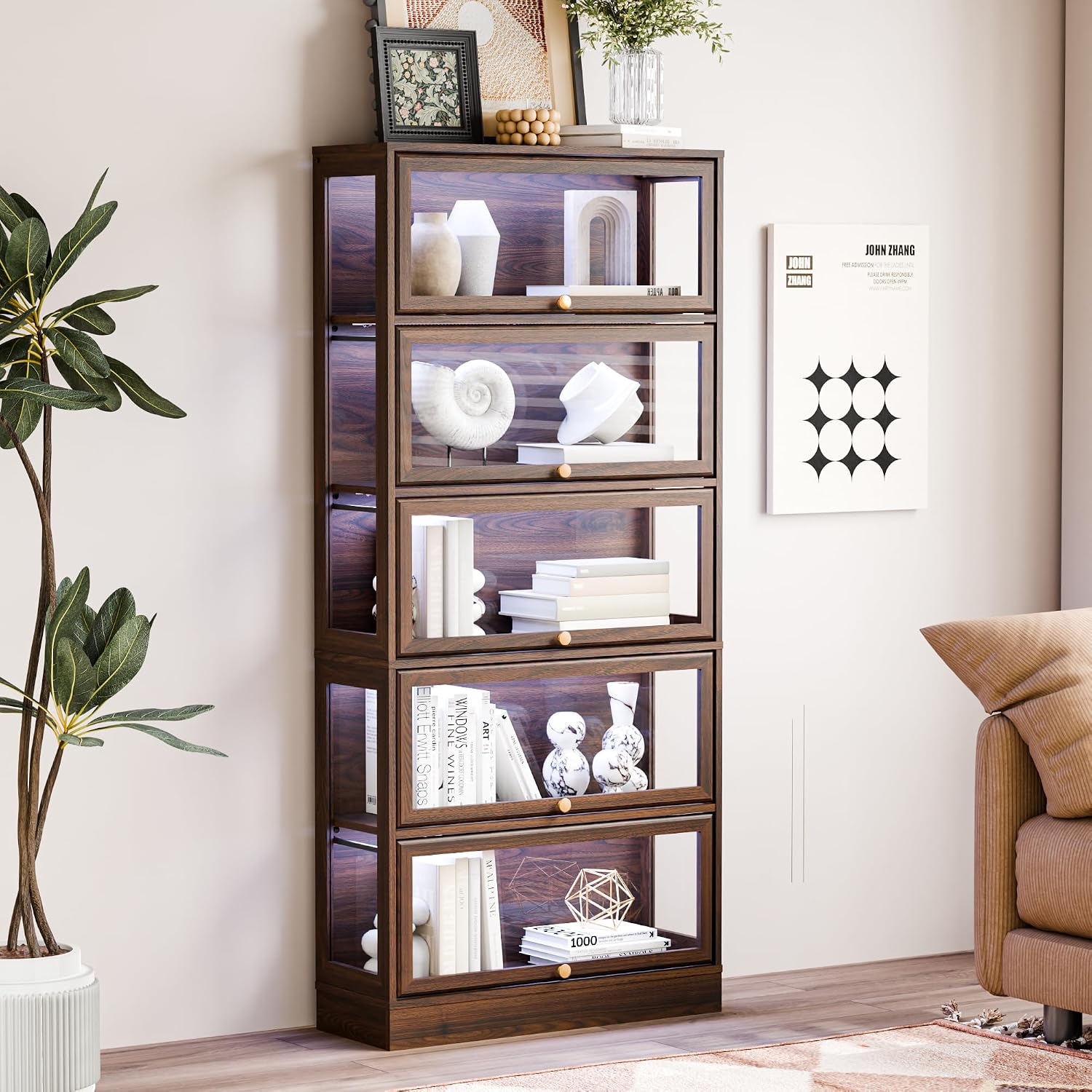 Display Cabinet with Acrylic Glass Doors,5-Tiers Curio Cabinet with LED Lighting for Collectibles, Collectibles Toy Organizers Rack & Display Shelf Display Case Storage Cabinet, Walnut