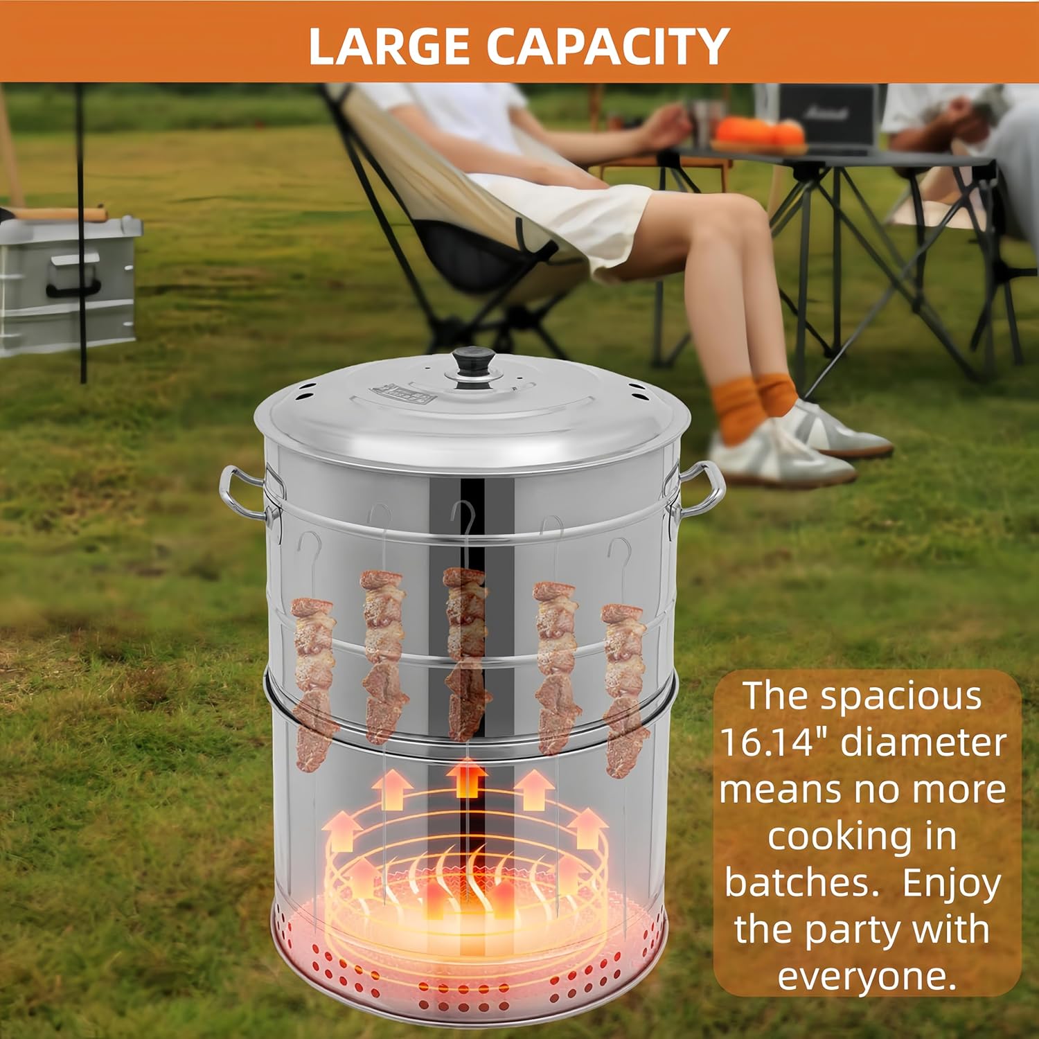 2-in-1 Vertical Smoker Barrel Grill, Portable Charcoal BBQ 360° Smokeless Stainless Steel BBQ Grill Barrel for Outdoor Barbecue, Camping, And Backyard Cooking (Large-50 Skewers)