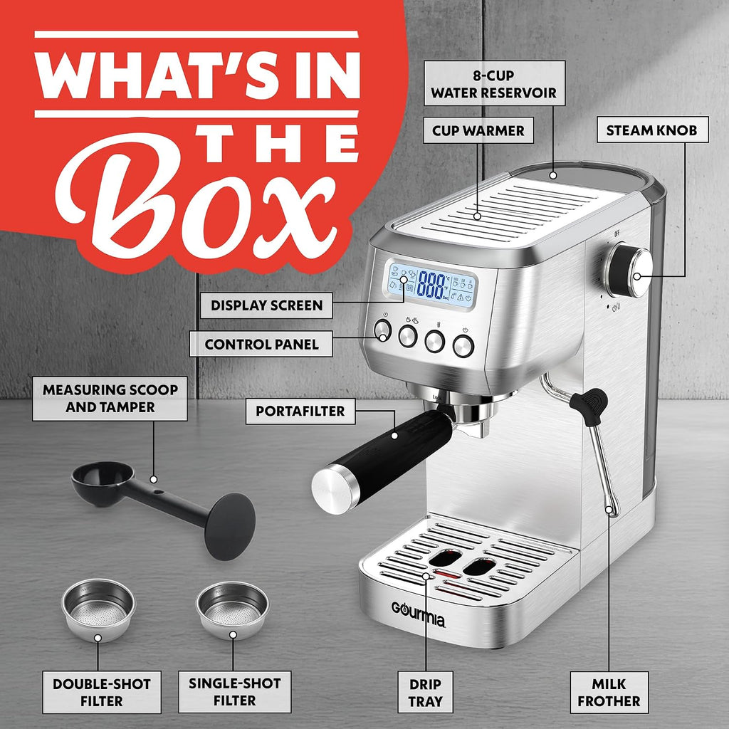 Gourmia Slim Espresso Machine with LCD Screen - Milk Frother, Adjustable Temperature, Manual & Auto Brew, Single/Double Shot, Hot Water Dispenser, Descaling Mode, Compact