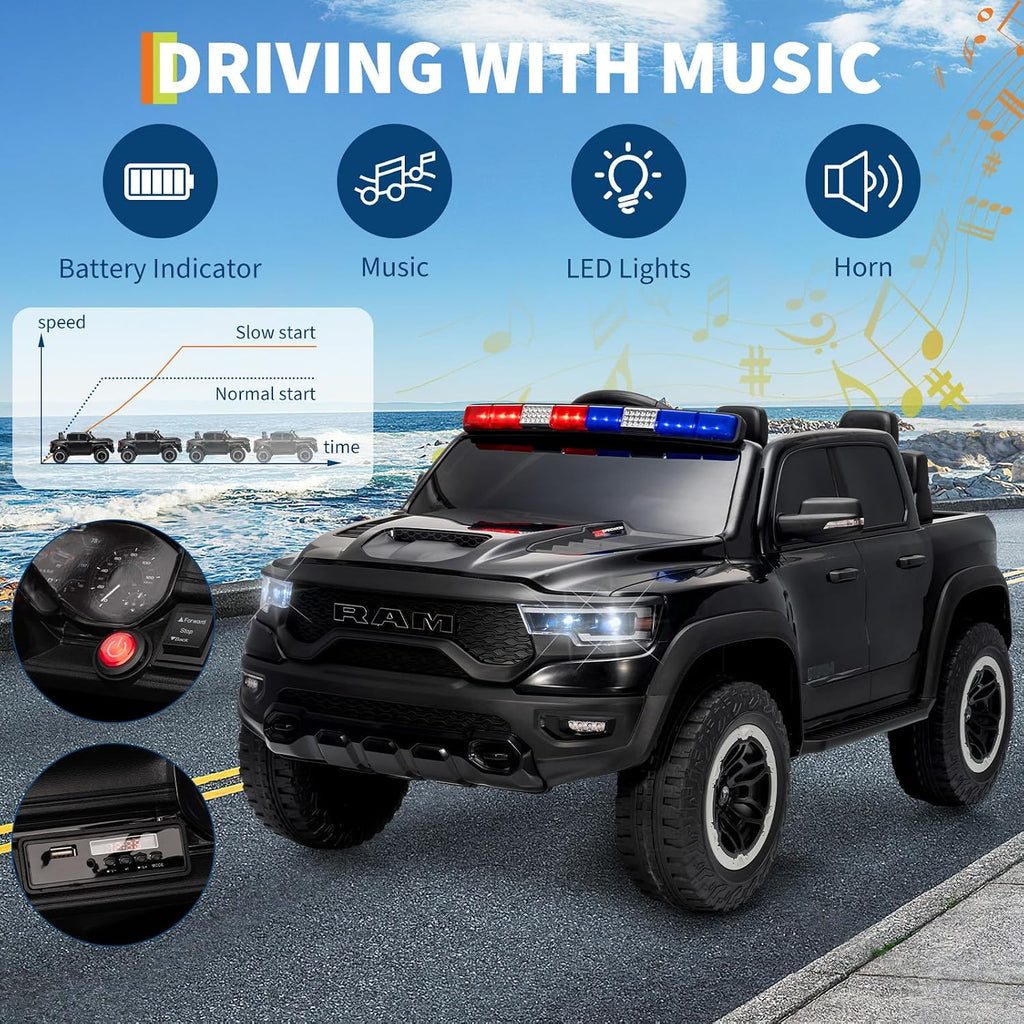 Garvee Ride On Car, Licensed RAM 12V Kids Ride On Police Car with Remote Control, Electric Pickup Truck for Toddlers, 3 Speeds, Spring Suspension, LED Lights & Parent Safety Lock