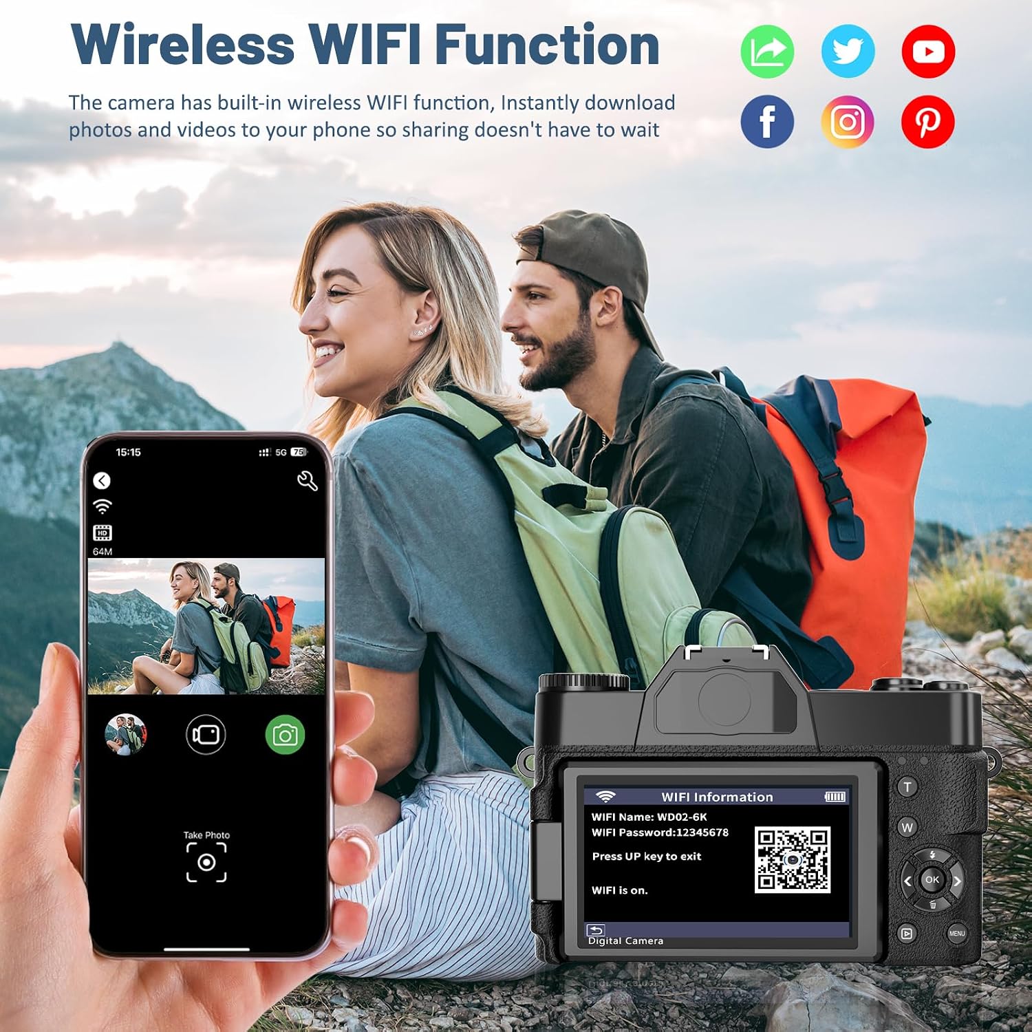 6K Digital Camera for Photography - WiFi 64MP Vlogging Cameras for YouTube with 3' 180° Flip Screen, 16X Digital Zoom Autofocus Vlog Travel Camara with 32GB SD Card, 2 Batteries and Double Charger