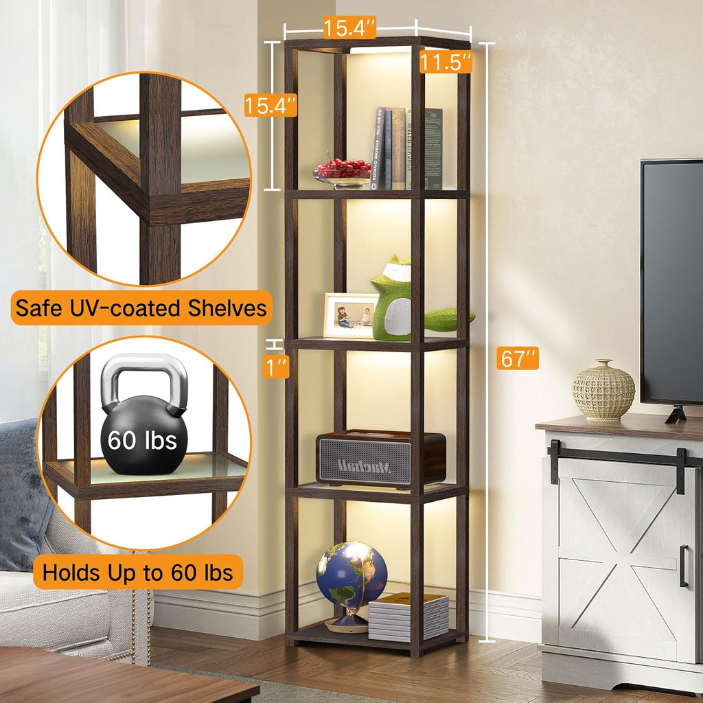 OUTON 67' Glass Display Shelf with Dimmable LED Floor Lamp, Collectibles Display Cabinet with Remote & App Control, 5 Tier Open Bookshelf Lamp for Living Room, Bedroom, Office, Home Decor, Walnut