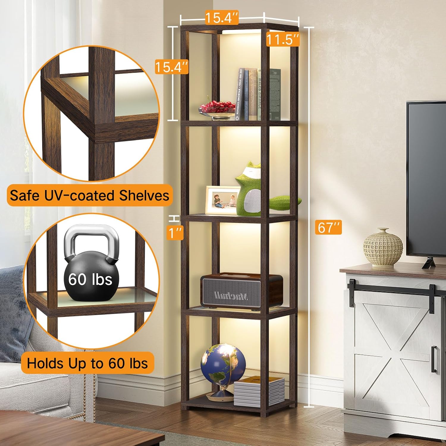 OUTON 67' Glass Display Shelf with Dimmable LED Floor Lamp, Collectibles Display Cabinet with Remote & App Control, 5 Tier Open Bookshelf Lamp for Living Room, Bedroom, Office, Home Decor, Walnut