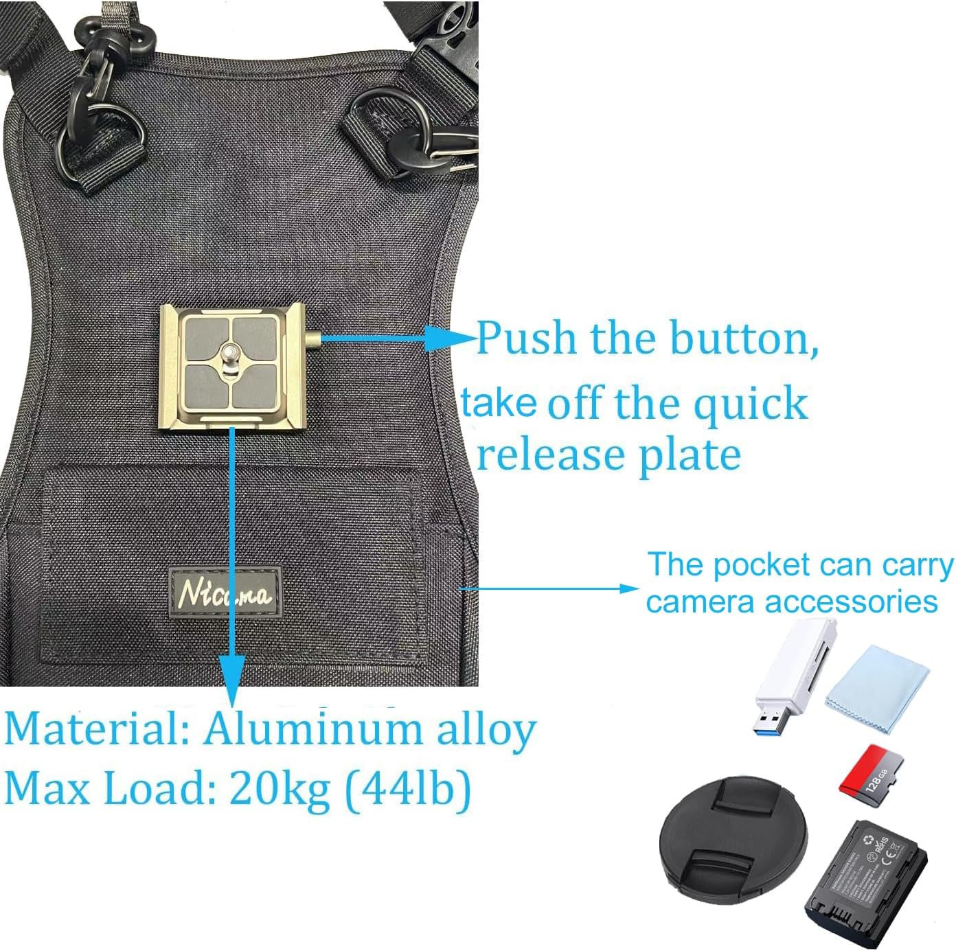 Nicama AH1 Camera Shoulder Harness for 2 Cameras, Carrier Chest Vest with 38mm Square Arca Mount Plate for Canon Nikon Sony