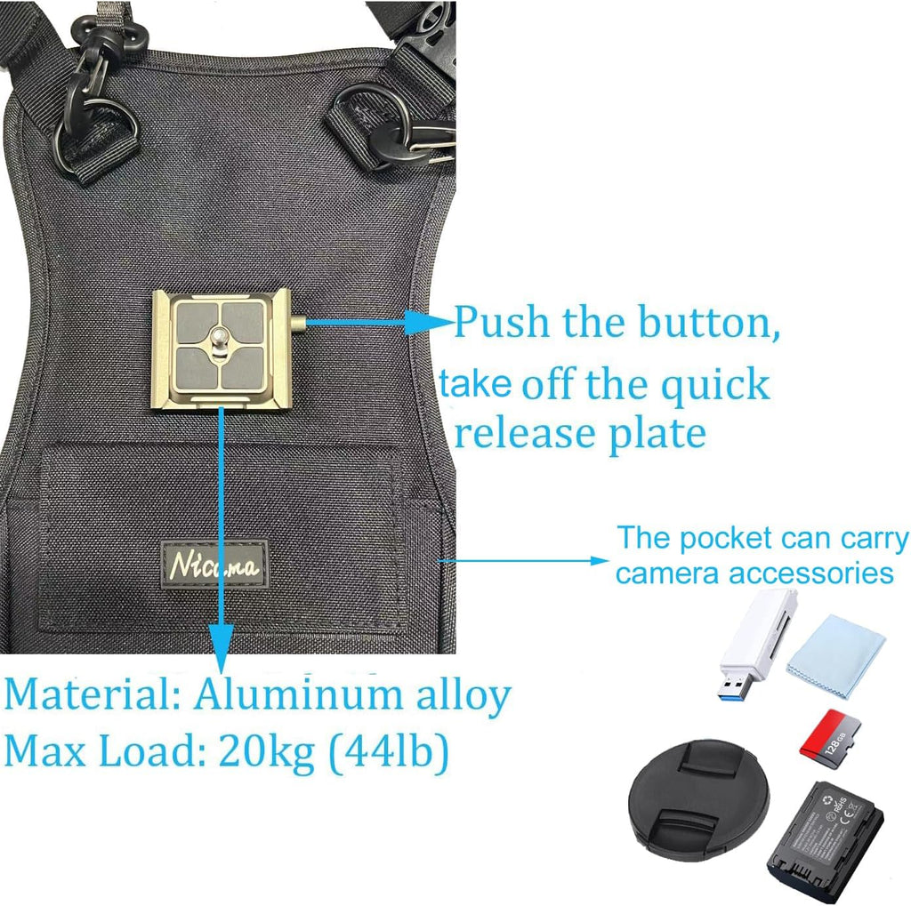 Nicama AH1 Camera Shoulder Harness for 2 Cameras, Carrier Chest Vest with 38mm Square Arca Mount Plate for Canon Nikon Sony