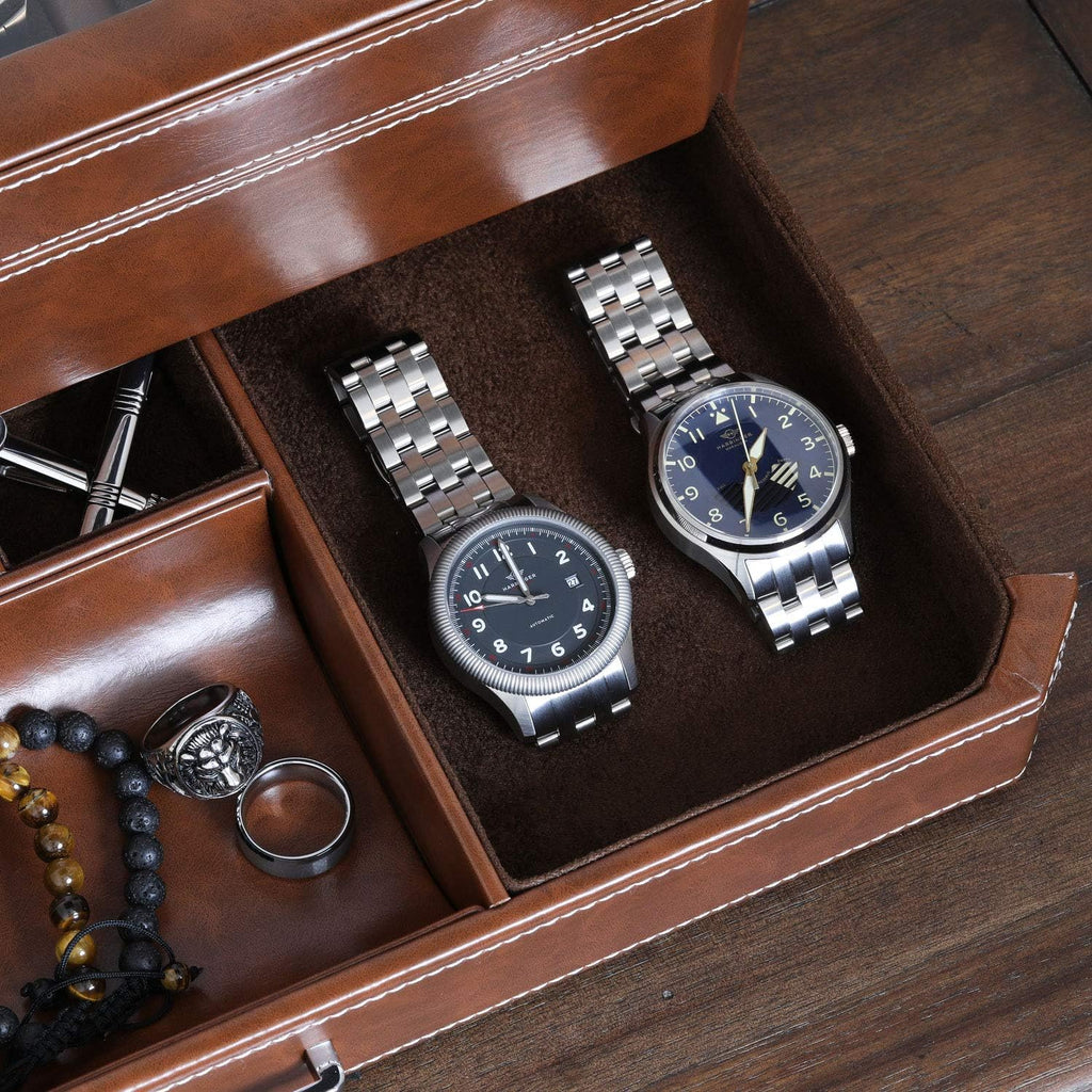 ROTHWELL 12 Slot Leather Watch Box with Valet Drawer - 12 Slot Luxury Watch Case Display Organizer, Microsuede Liner, Mens Accessories Holder, Jewelry Case, Jewelry Display Organizer (Tan/Brown)