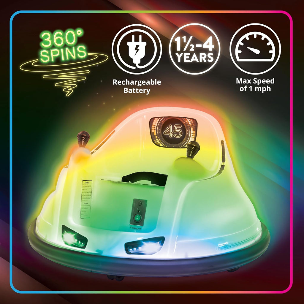 Flybar 6V White Glow Bumper Car for Kids – LED Ride-On Toy with 360° Spin, Rechargeable Battery, and Soft Rubber Bumpers – Safe Indoor Fun for Toddlers Ages 1.5+, Up to 66 lbs