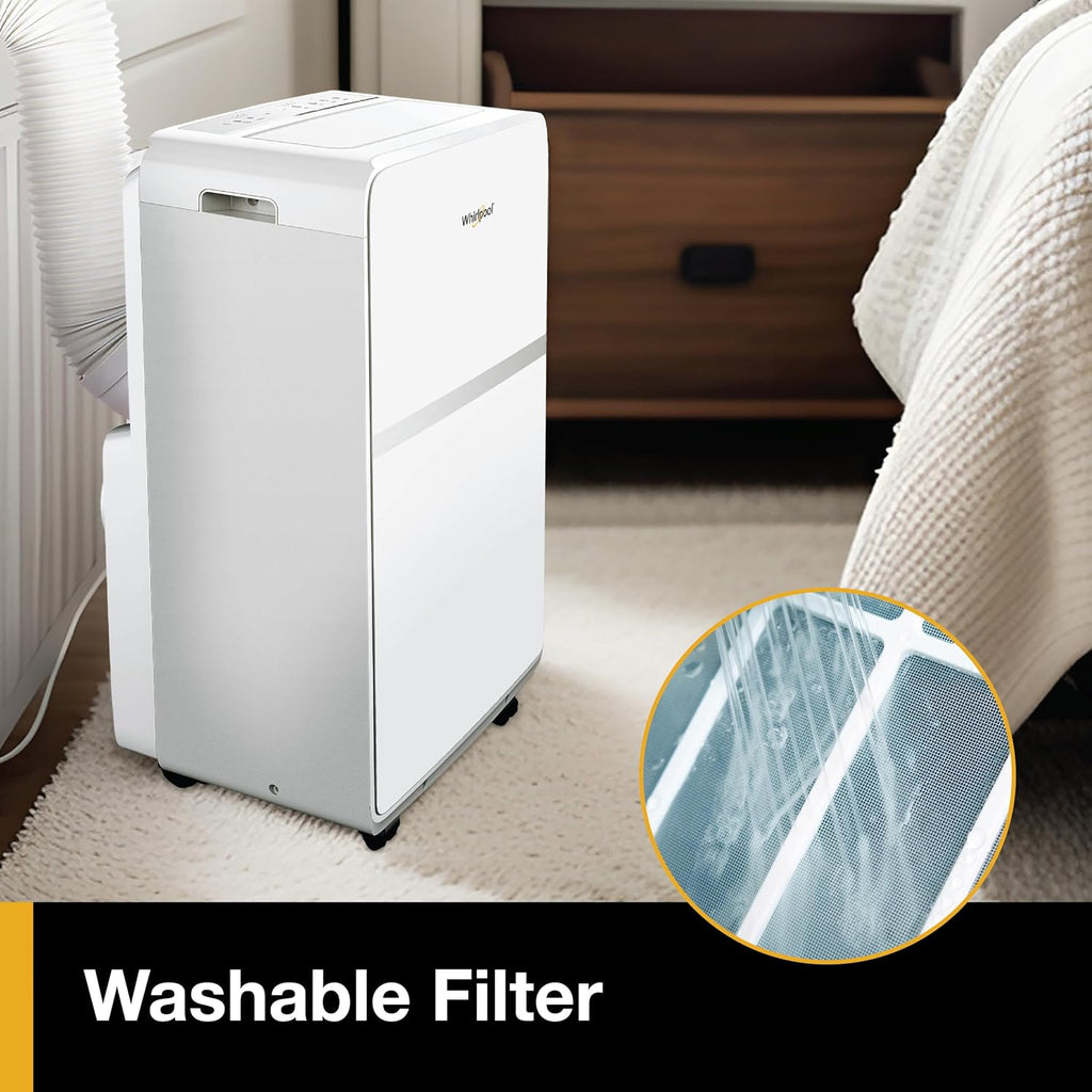 Whirlpool 8,000 BTU Portable Air Conditioner with Dehumidifier for Apartment, Bedroom, Small Rooms up to 200 Sq. Ft., 115V, with 3 Speeds, 24H Timer, and Remote Control, White