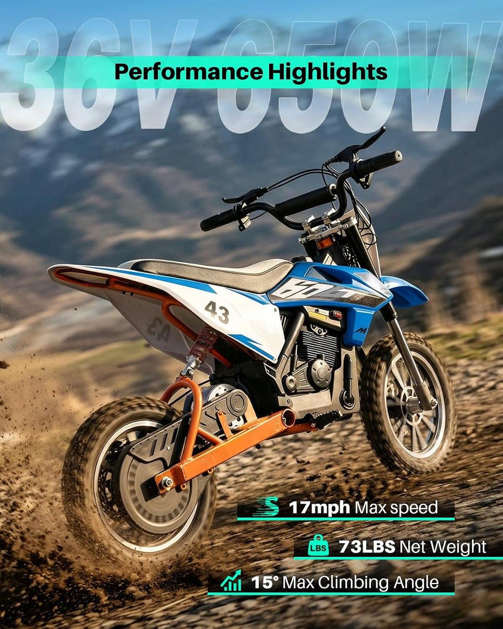 Blitzshark 36V 650W Kids Electric Dirt Bike Off-Road Motocross Ultra Powerful Motorcycle, with 17MPH MAX Speed, Rubber Tire, Twist Grip Throttle, Leather Seat, Dual Suspension & Brakes, SRK-MC20 Pro