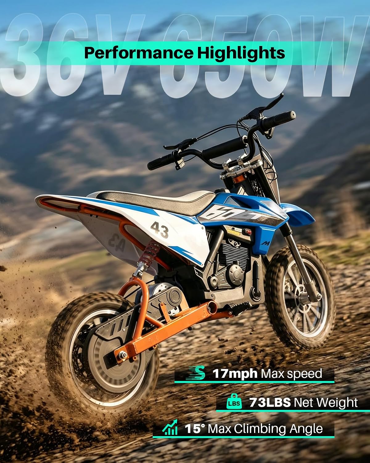 Blitzshark 36V 650W Kids Electric Dirt Bike Off-Road Motocross Ultra Powerful Motorcycle, with 17MPH MAX Speed, Rubber Tire, Twist Grip Throttle, Leather Seat, Dual Suspension & Brakes, SRK-MC20 Pro