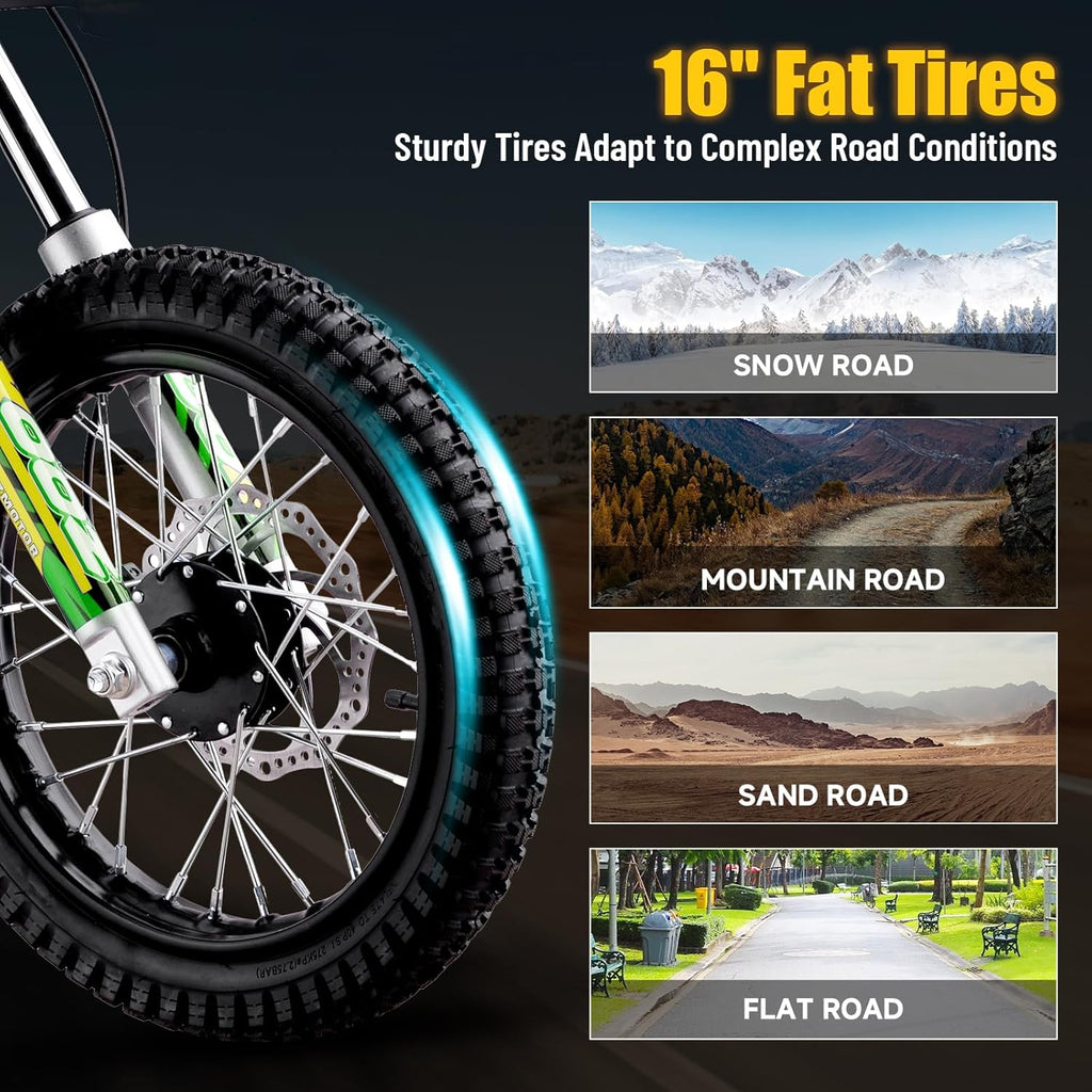 KOOZ HP112E PRO 36V 1000W Electric Dirt Bike for Kids, 3 Speed Modes Teen Electric Motorcycle Up to 20.6 MPH& 19 Miles Long-Range, Dual Suspension & Disc Brake, 16' Sturdy Tire