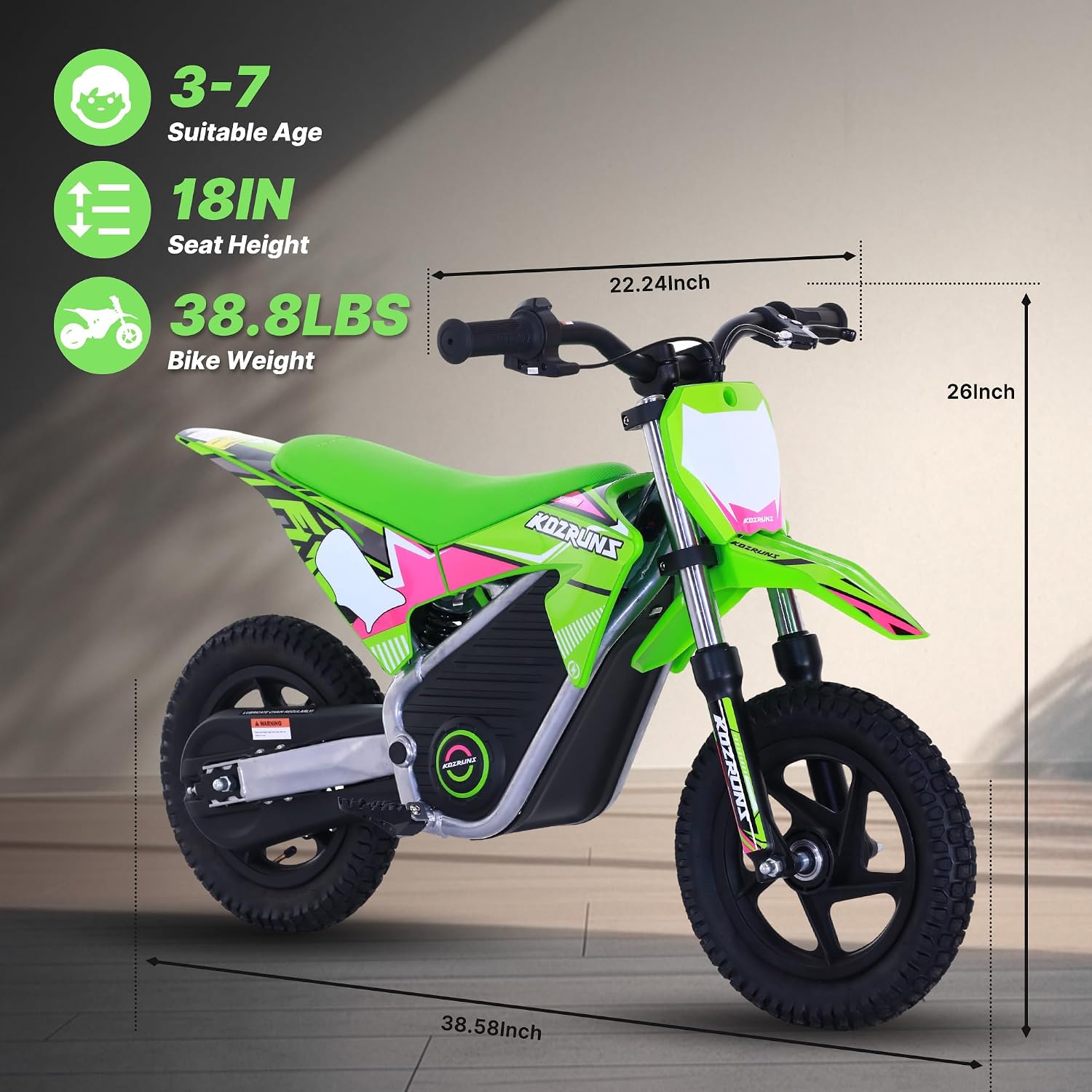 AIII 36V Electric Dirt Bike for Kids 3-8, High Performance 250W Racing Grade Motorcycle, Up to 15.5MPH, 3 Speed Settings, 12-Inch Off-Road Tires, Rear Disc Brakes & Advanced Shock Absorption, Green