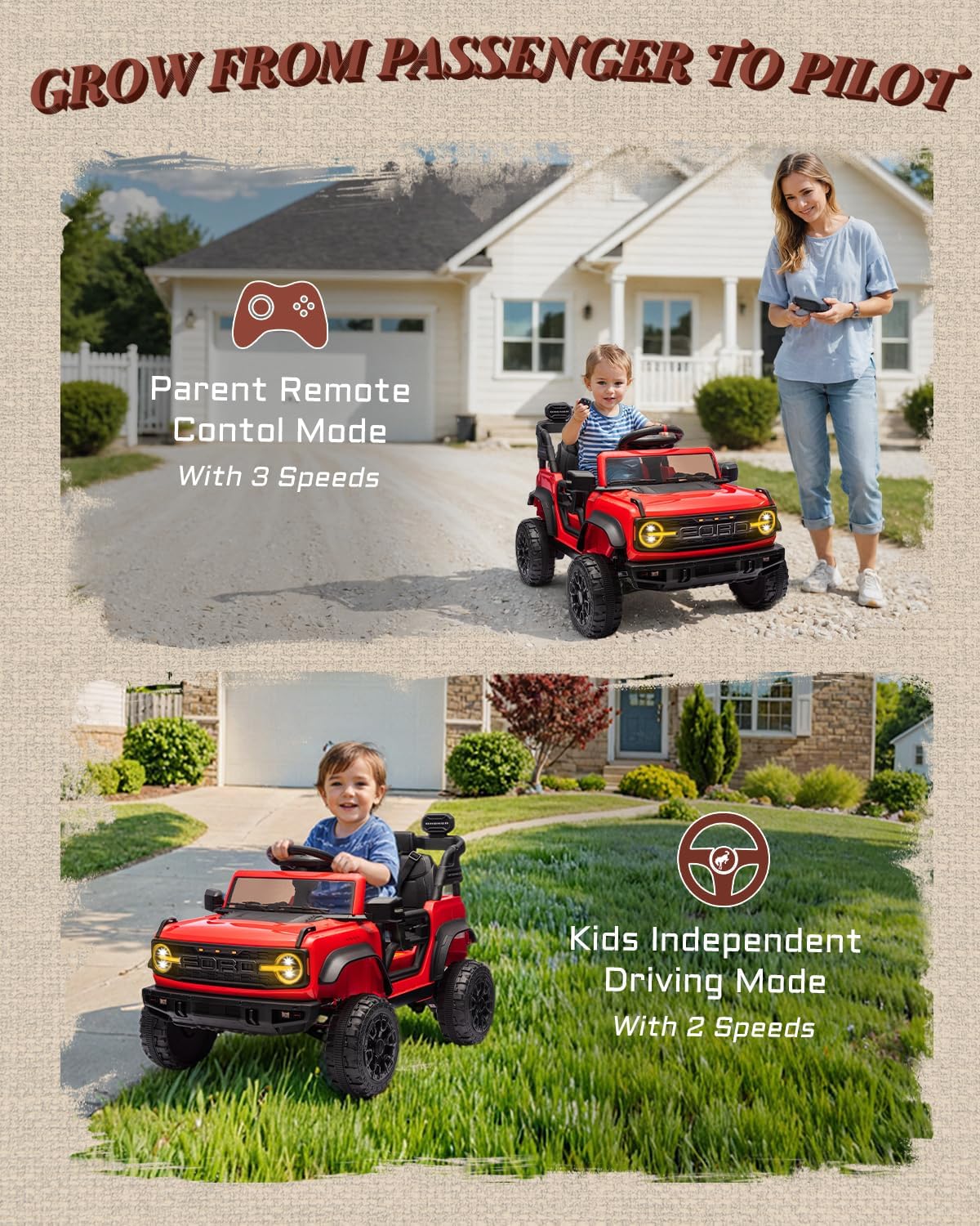 First Ride On Ford Bronco Raptor Licensed 12V Ride on Toys, Kids Ride on Car with Remote Control, Electric Car for Toddler with Smooth Start, Openable Doors, MP3 Player, 3 Speeds (12V, Red)