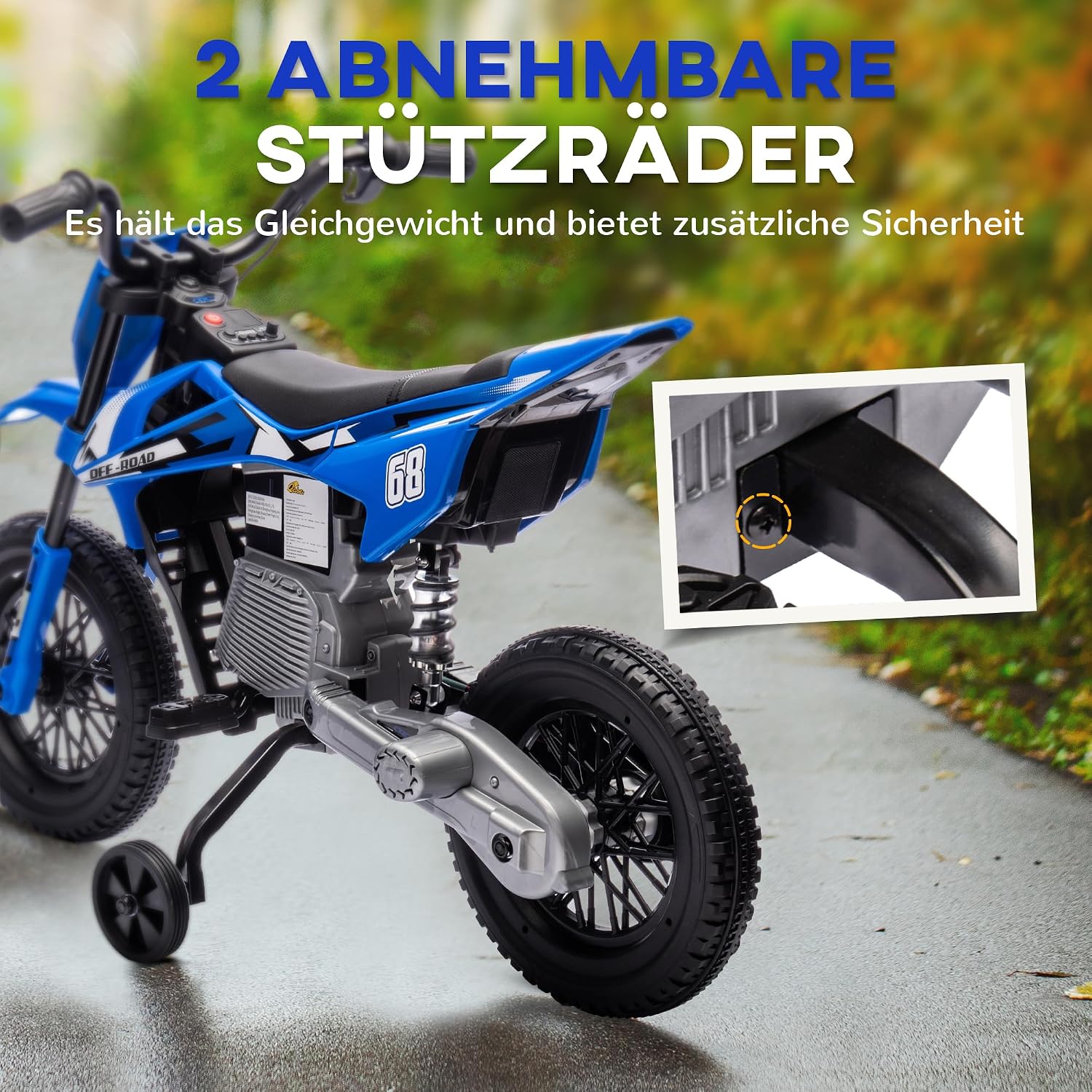 Qaba Kids Dirt Bike with Twist Grip Throttle, 12V Electric Motorcycle, Electric Bike for Toddler with Training Wheels, Spring Suspension & Music, Blue