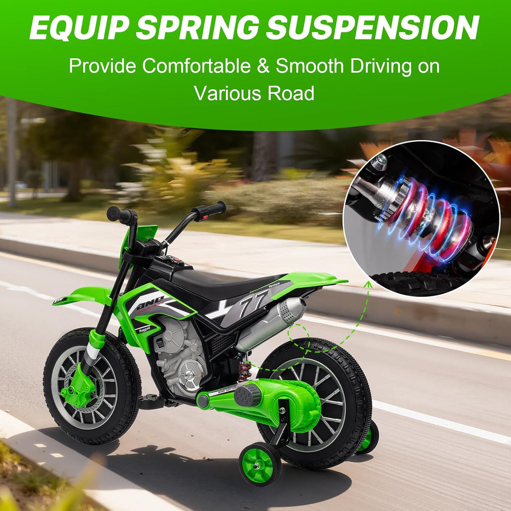 12V Kids Motorcycle w/Treaded Tires, 3.1mph Top Speed Electric Bike for Kids, Training Wheels, Music & Bluetooth, Spring Suspension, Age 3-8 Year Old, Green