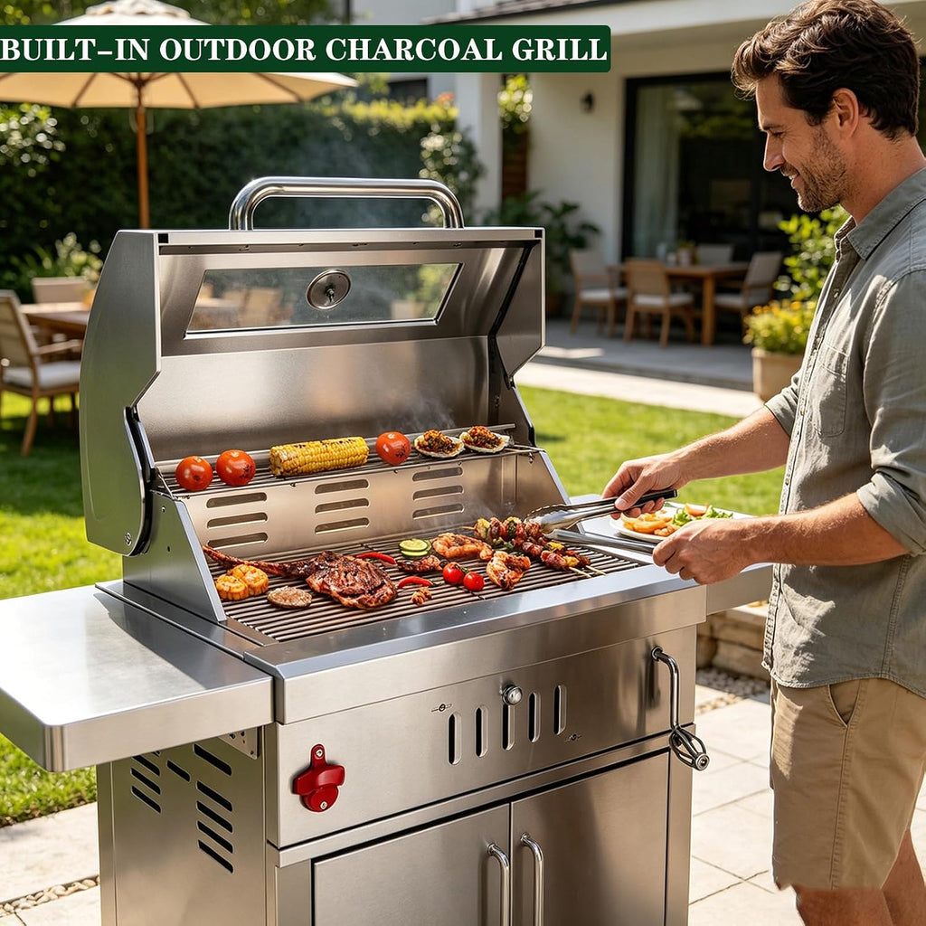 Built-In Stainless Steel Charcoal Grill for Outdoor Kitchen,28 Inch Large Charcoal BBQ Grills with Liftable Tray,Insulated Hood,Temperature Gauge & Cover for Camping,Patio,Park(Glass Square Lid)