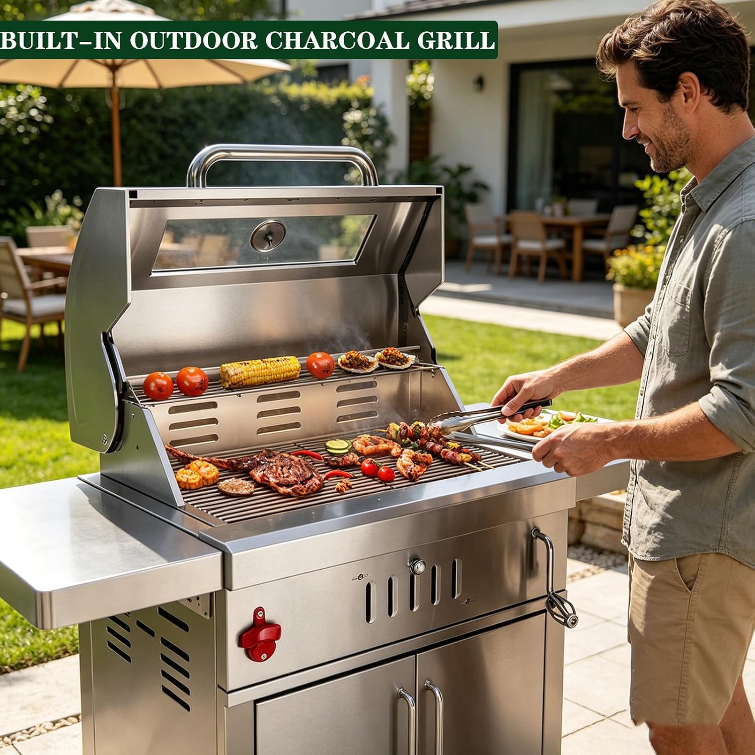 Built-In Stainless Steel Charcoal Grill for Outdoor Kitchen,28 Inch Large Charcoal BBQ Grills with Liftable Tray,Insulated Hood,Temperature Gauge & Cover for Camping,Patio,Park(Glass Square Lid)