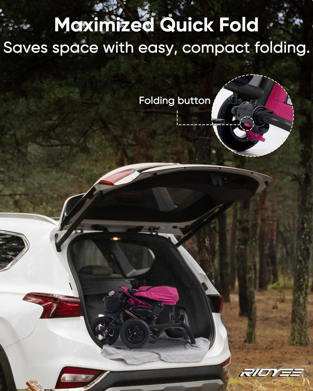 RIDYEE 7-in-1 Folding Toddler Tricycle for 18 Months to 5 Years, Tricycle Stroller with Dual Brakes, All-Terrian Rubber Tire, Tricycle for Toddlers with Rotatable Seat, Adjustable Push Handle, Pink