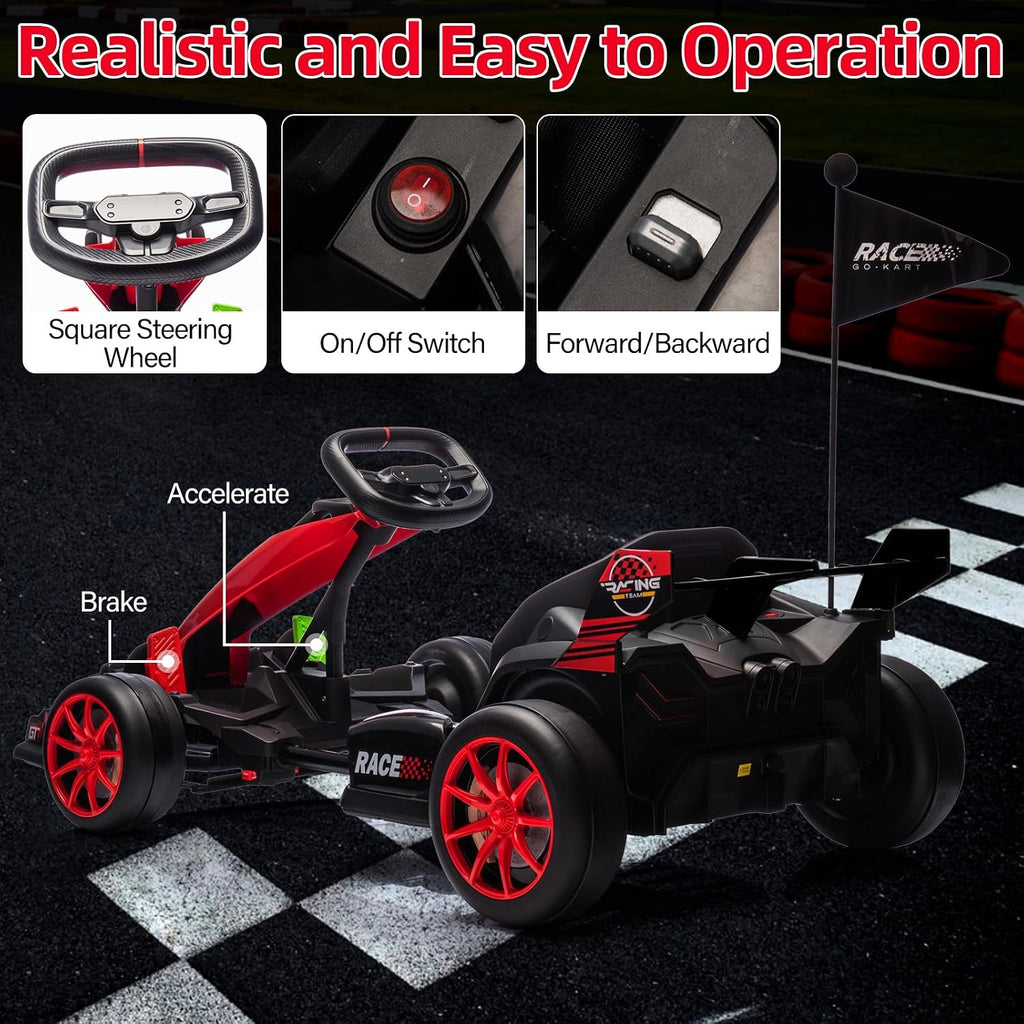 GarveeLife 24V Kids Ride on Go Kart, 7.5 mph Variable High Speed Drifting Car, 7ah Battery 200W*2 Motors,Adjustable Legroom for Kids Grows, Max Load 135 LBS, Power Display Racing Toy for 6+,Red