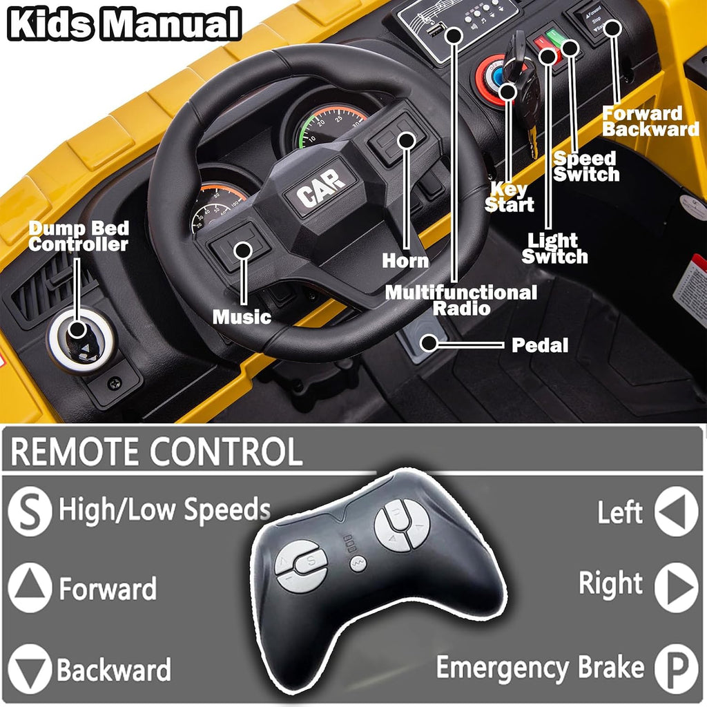 NEWQIDA Ride on Dump Truck, 12V Kids Electric Car with Remote Control for Toddlers Ride on Construction Vehicles with Electric Dump Bed/Shovel, 19' Spacious Seat, Soft Start, Music, Bluetooth, Yellow
