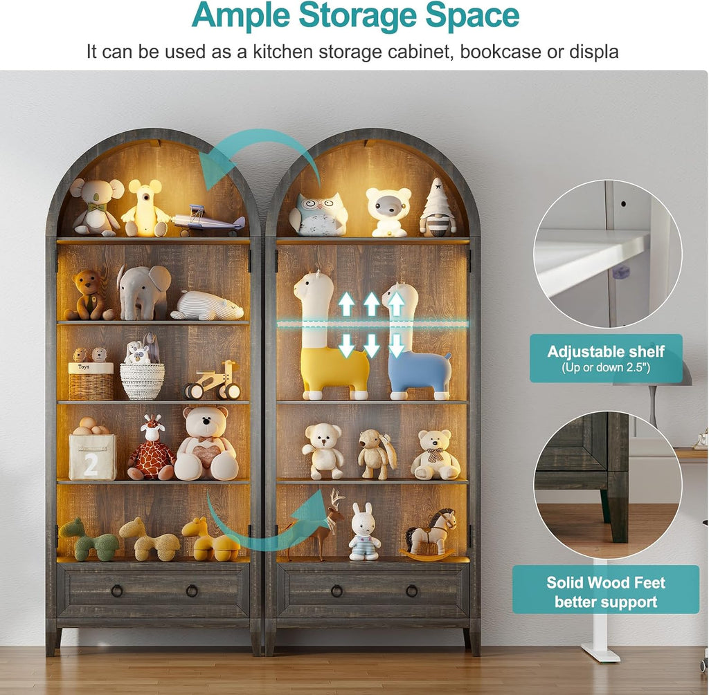 Lvifur 73' Tall Arched Display Cabinet with Glass Doors,4-Tier Storage Cabinet with Human Body Sensor,LED Curio Cabinets with 3 Color Lights for Collectibles,Ajustable Shelf for Toys, Books,Brown