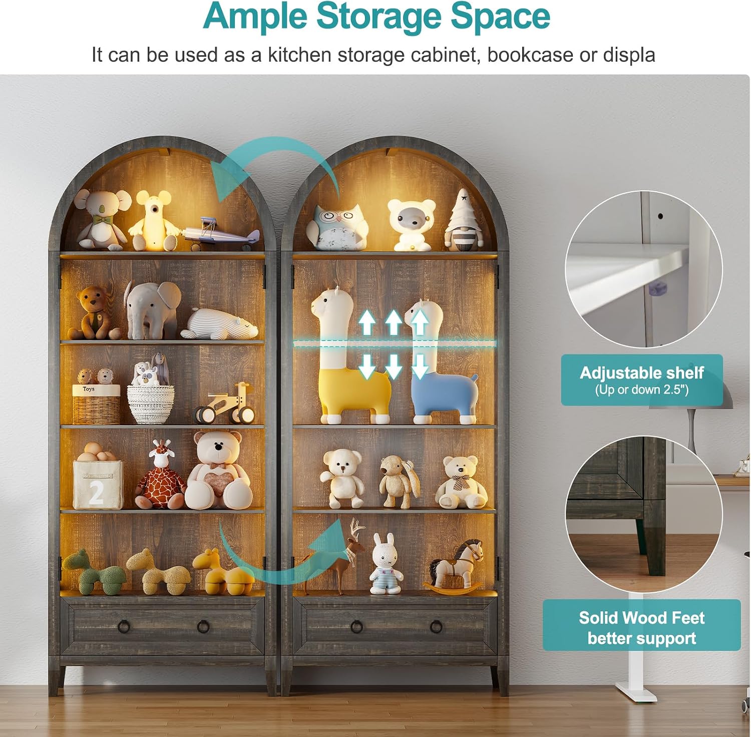 Lvifur 73' Tall Arched Display Cabinet with Glass Doors,4-Tier Storage Cabinet with Human Body Sensor,LED Curio Cabinets with 3 Color Lights for Collectibles,Ajustable Shelf for Toys, Books,Brown