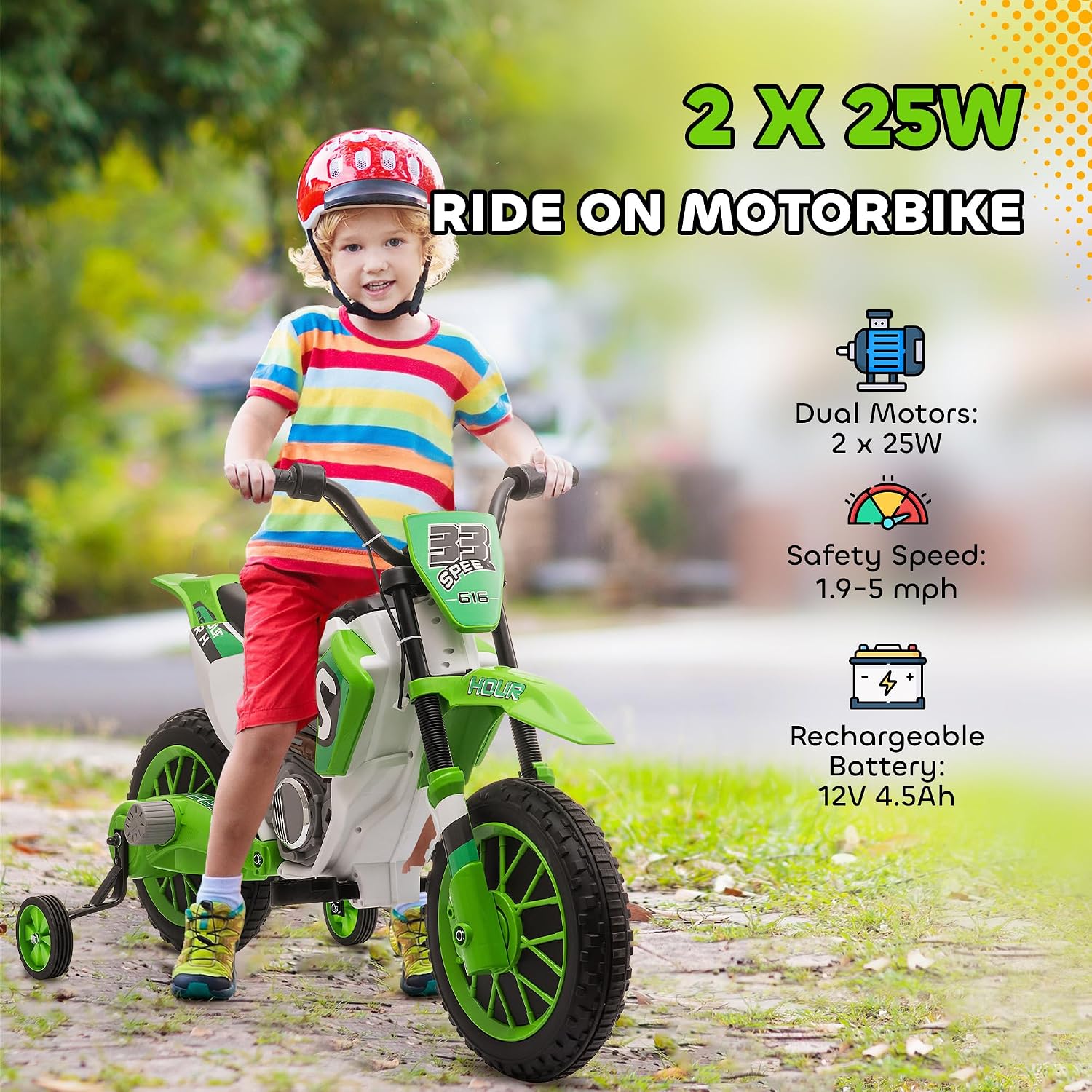 Aosom 12V Kids Motorcycle w/Treaded Tires, 5mph Top Speed Electric Bike for Kids, Ride On Motorcycle w/Training Wheels, Battery Charger, Spring Suspension, Green