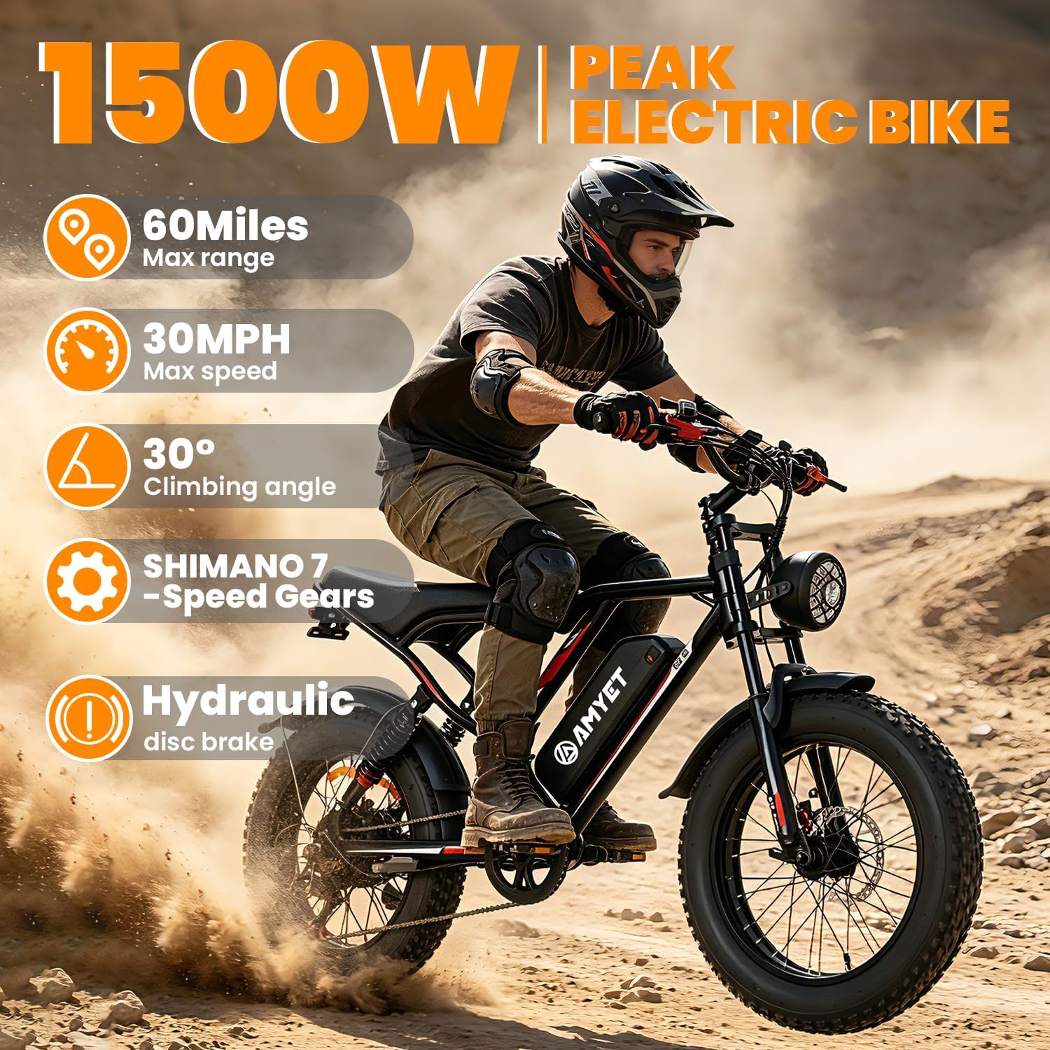 AMYET Electric Bike for Adults, 1500W Peak 33Mph 60Miles Ebike, 20'' X 4'' Fat Tire E Bike, 48V 20Ah(960WH) Battery Electric Dirt Bike, Hydraulic Brake | Full Suspension| 7-Speed Moped Ebike, Black