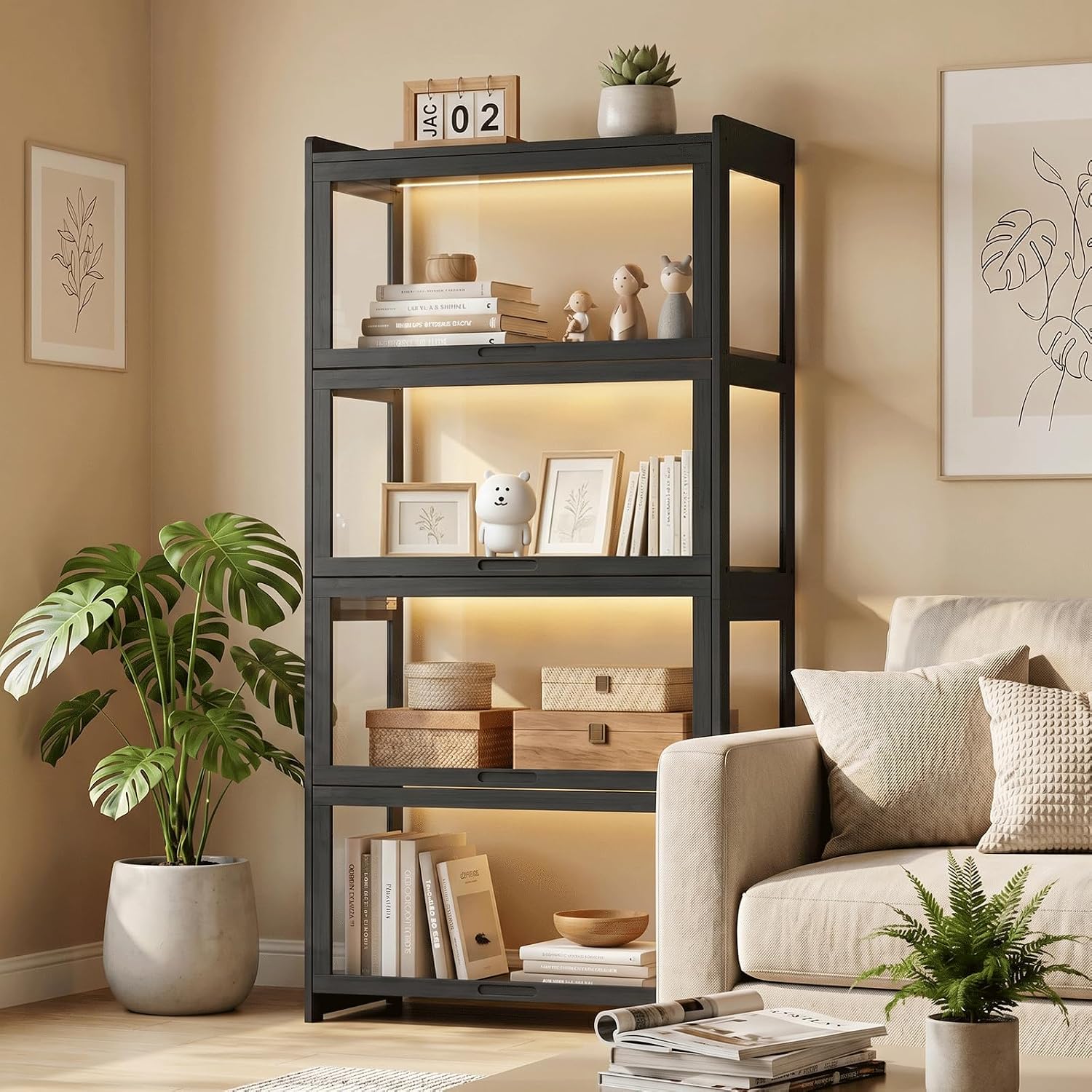 Magshion Display Cabinet with Acrylic Doors, 4-Tier Curio Cabinet for Collectibles, Display Case Showcase for Living Room, Office, 27.5'(L) x 13.5'(W) x 55'(H), Black