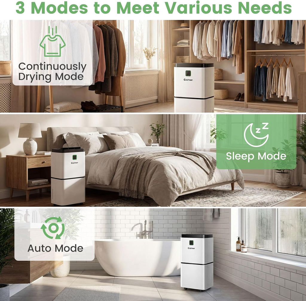 COSTWAY Dehumidifier for Large Room & Basements, 1500 Sq. Ft Portable 30 Pints Dehumidifier with 3 Color LED Light, 3 Modes, 2 Speeds, 12H Timer, Auto or Manual Drainage