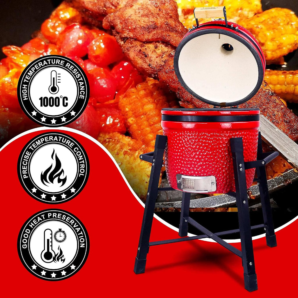 London Sunshine Ceramic Kamado Charcoal BBQ Grill and Smoker, Stainless Steel Grates -15' Ceramic with Tall Stand (RED)