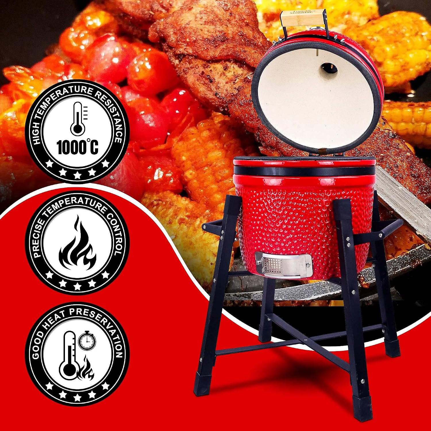 London Sunshine Ceramic Kamado Charcoal BBQ Grill and Smoker, Stainless Steel Grates -15' Ceramic with Tall Stand (RED)