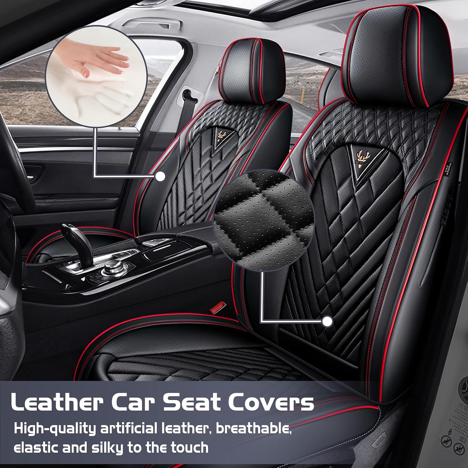 Car Seat Covers for Dodge Dakota 2000-2011, Waterproof Nappa Leather Full Set Seat Cover, Anti-Slip and Comfortable Automotive Seat Protector&Accessories(Black Red)