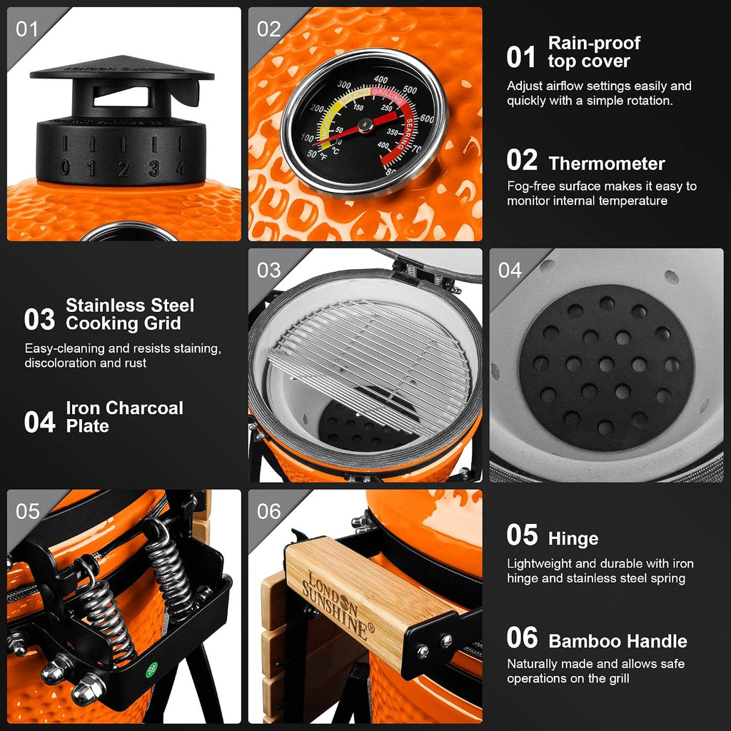 London Sunshine 15-inch Ceramic Kamado Charcoal BBQ Grill & Smoker with Locking Casters, Foldable Side Shelves, Stainless Steel Grates, and Tall Stand (Orange)